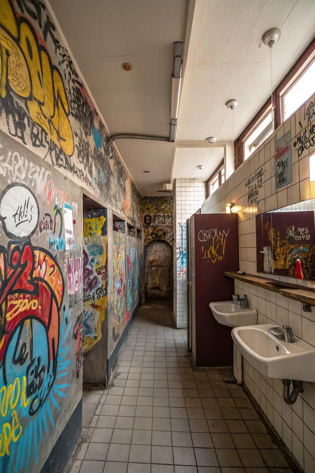 Infuse an edgy, urban atmosphere into your bathroom using graffiti and street art.