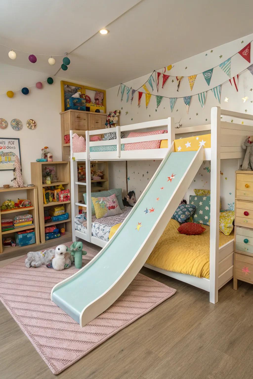 Bunk beds with slides add a playful touch to any children's room.