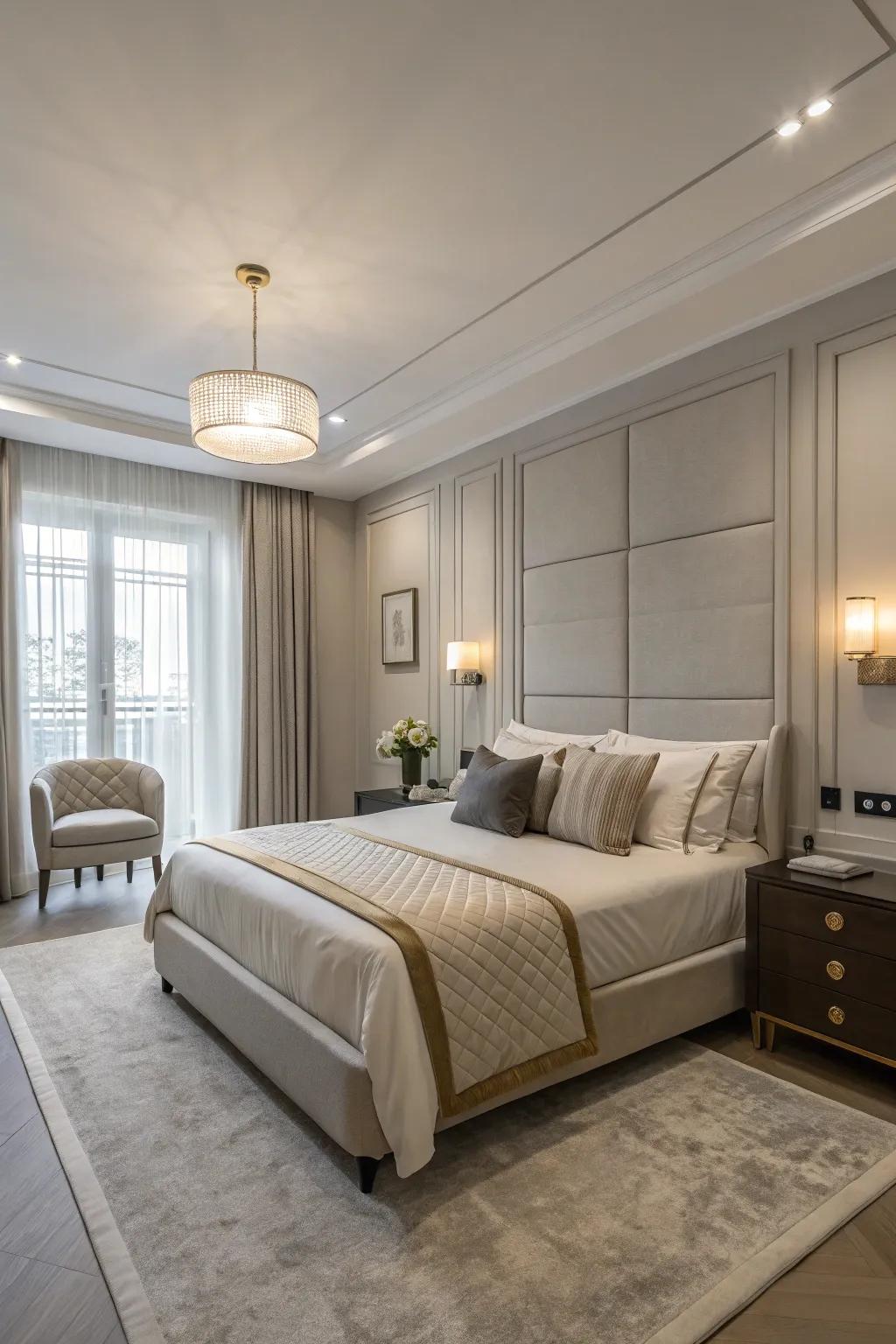 A modern aesthetic creates a calm and soothing bedroom environment.