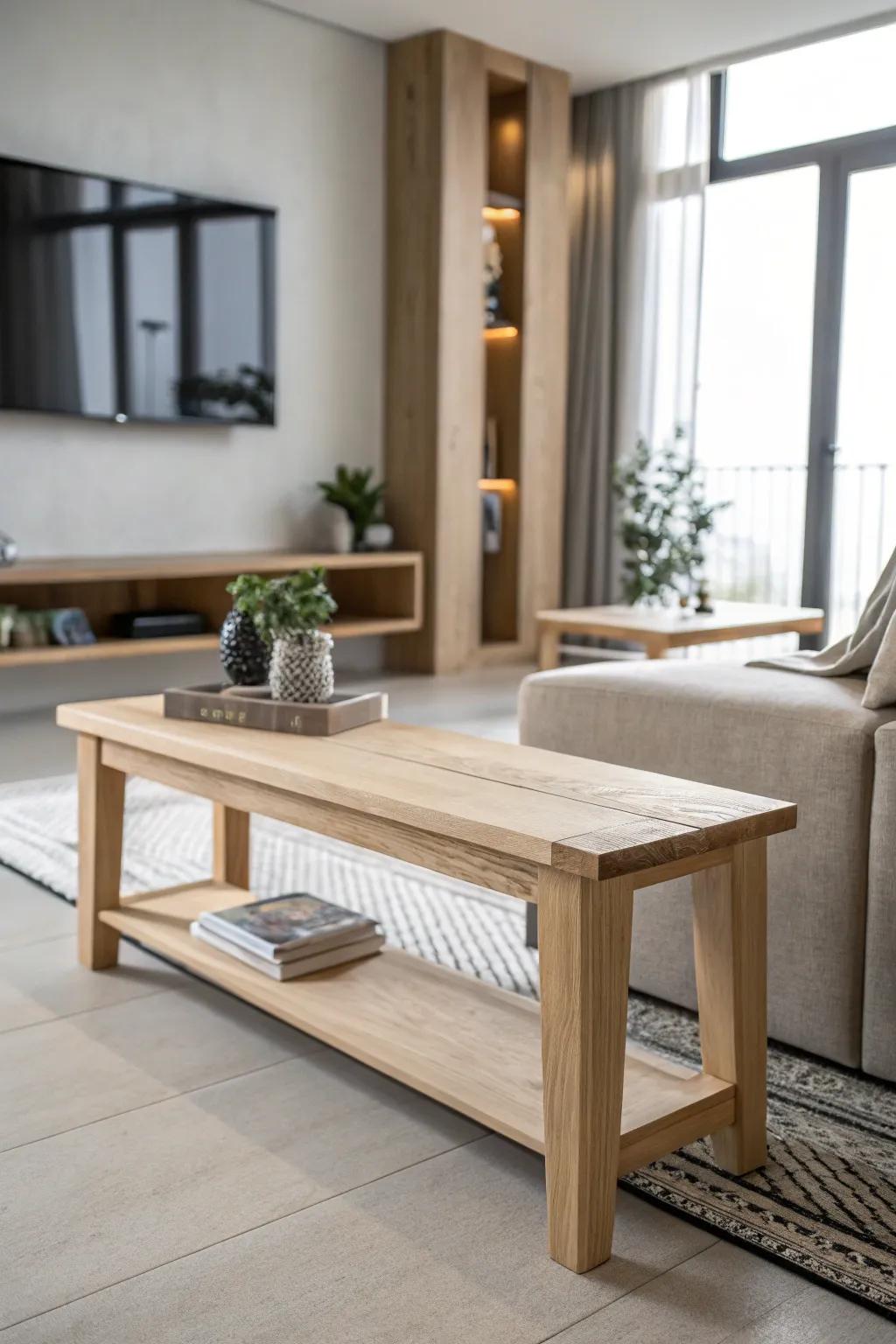 A streamlined, minimalist wooden bench that elevates a contemporary living space.