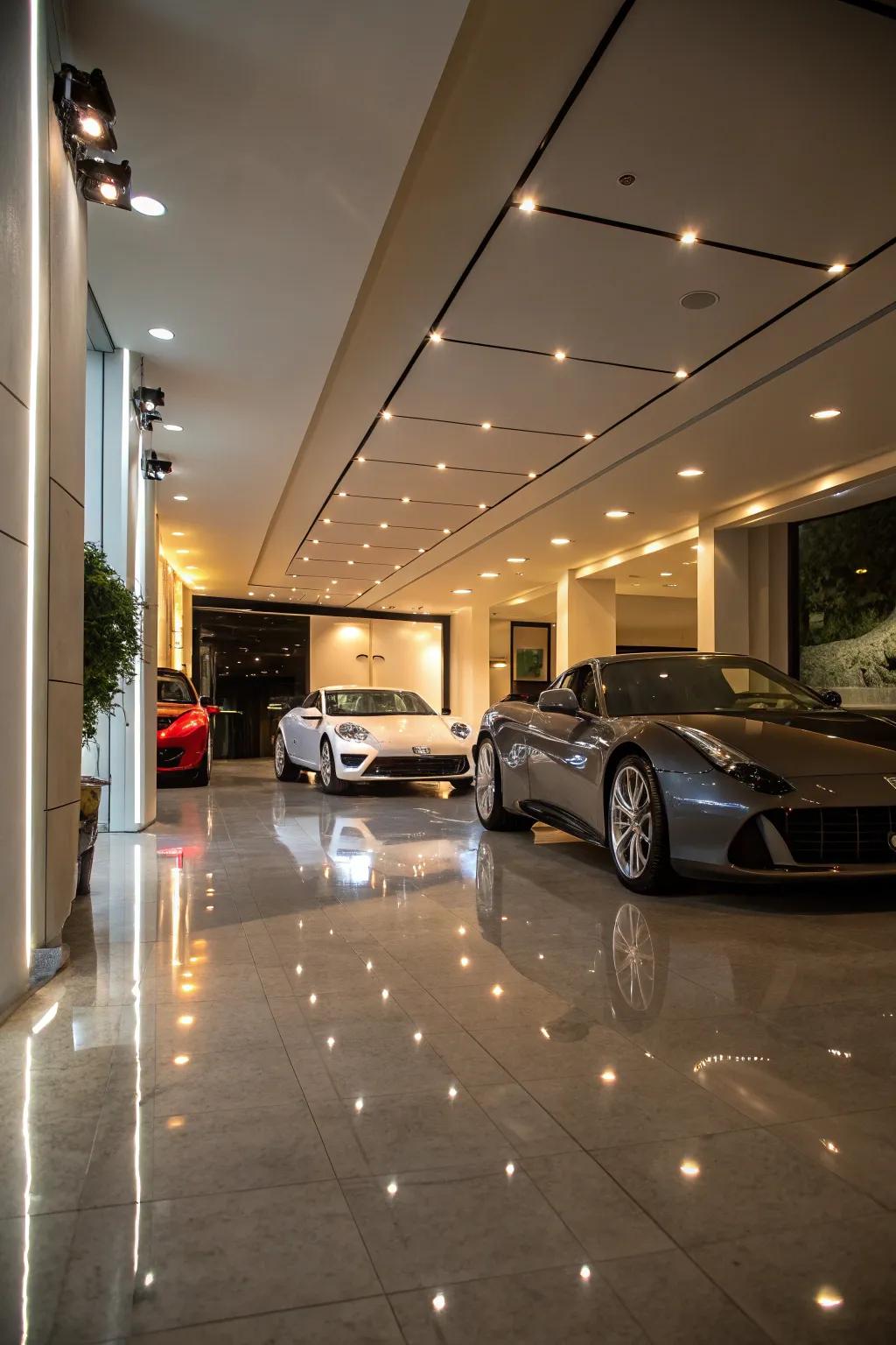 An elegant vehicle gallery garage with polished floors and soft lighting.