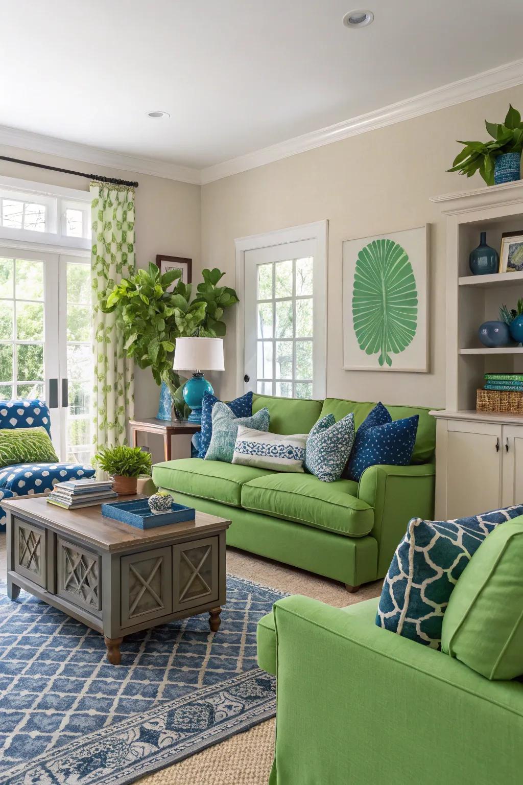 A dynamic living room showcasing a fusion of striking and soft colors for an animated ambiance.