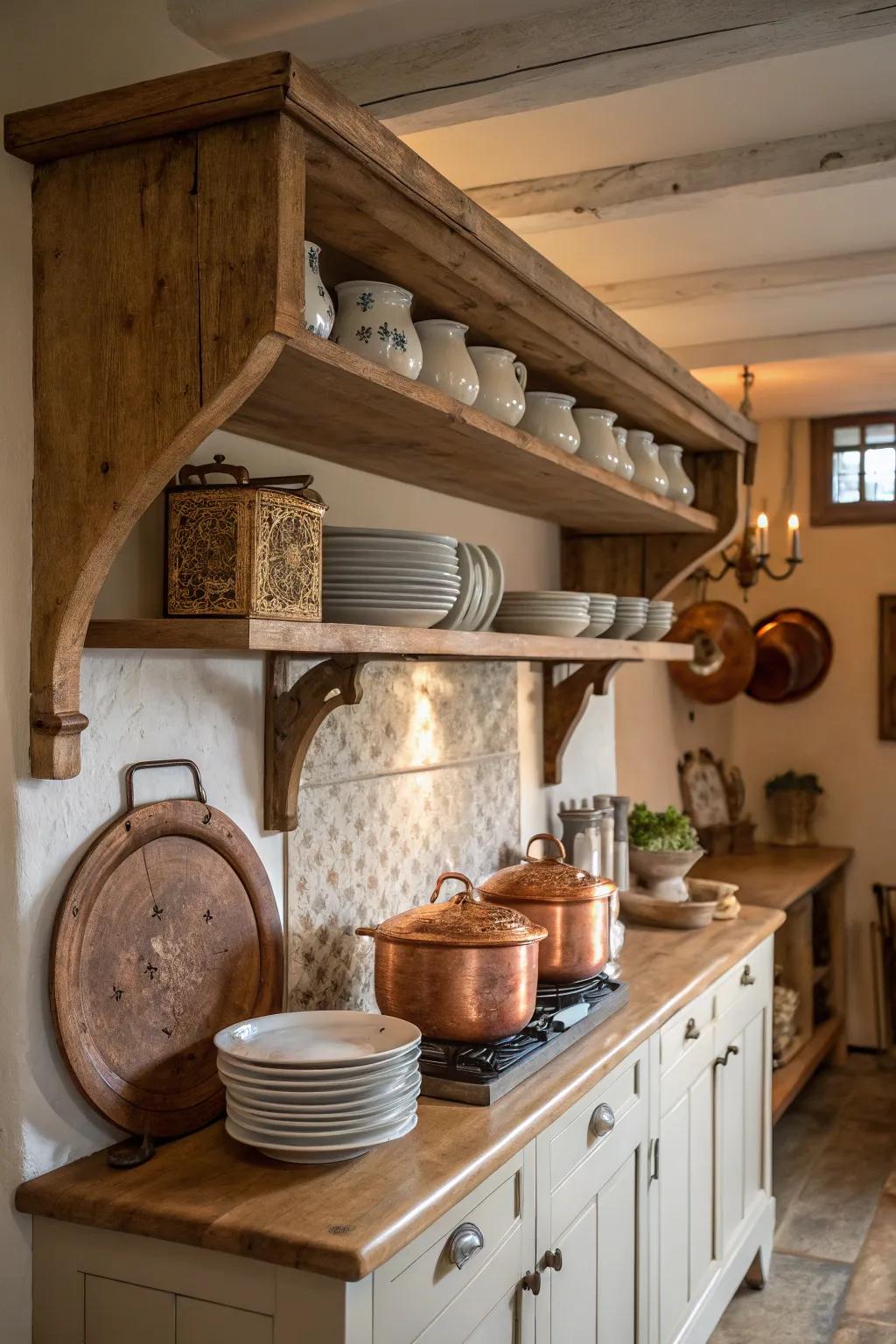 Wood supports bring a homespun display to the cooking area.
