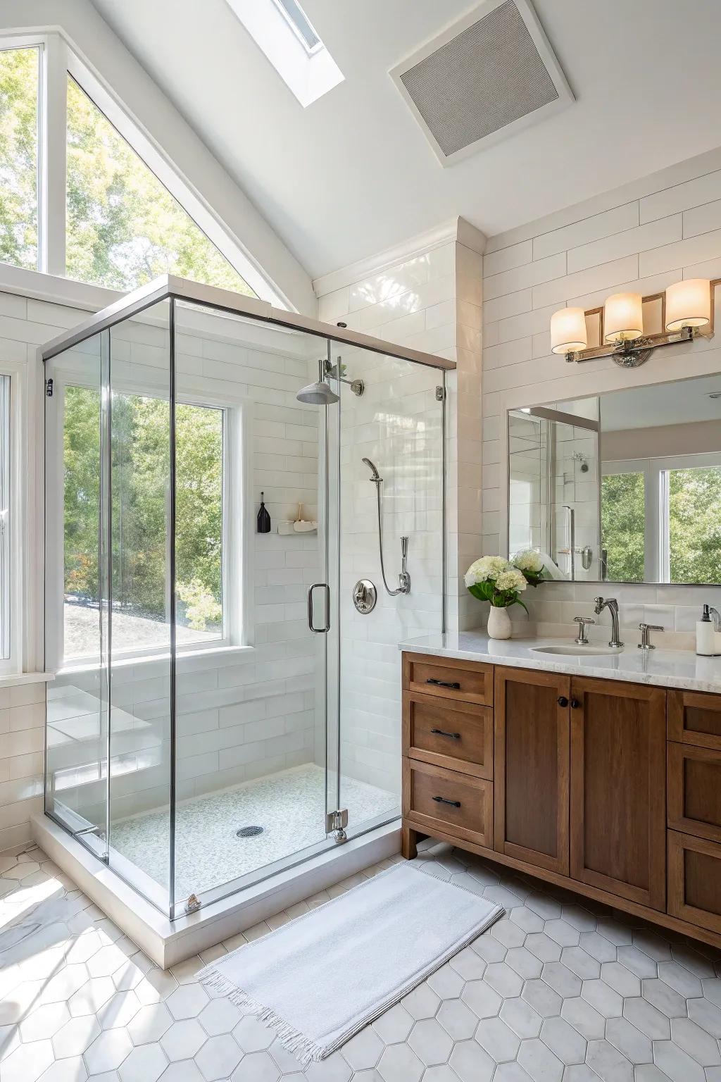 A glass corner shower enclosure takes full advantage of light and space.