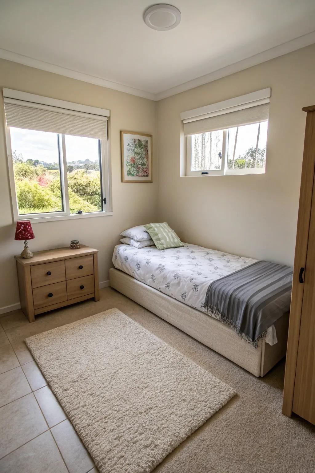 A corner bed optimizes floor space, providing a roomy impression.