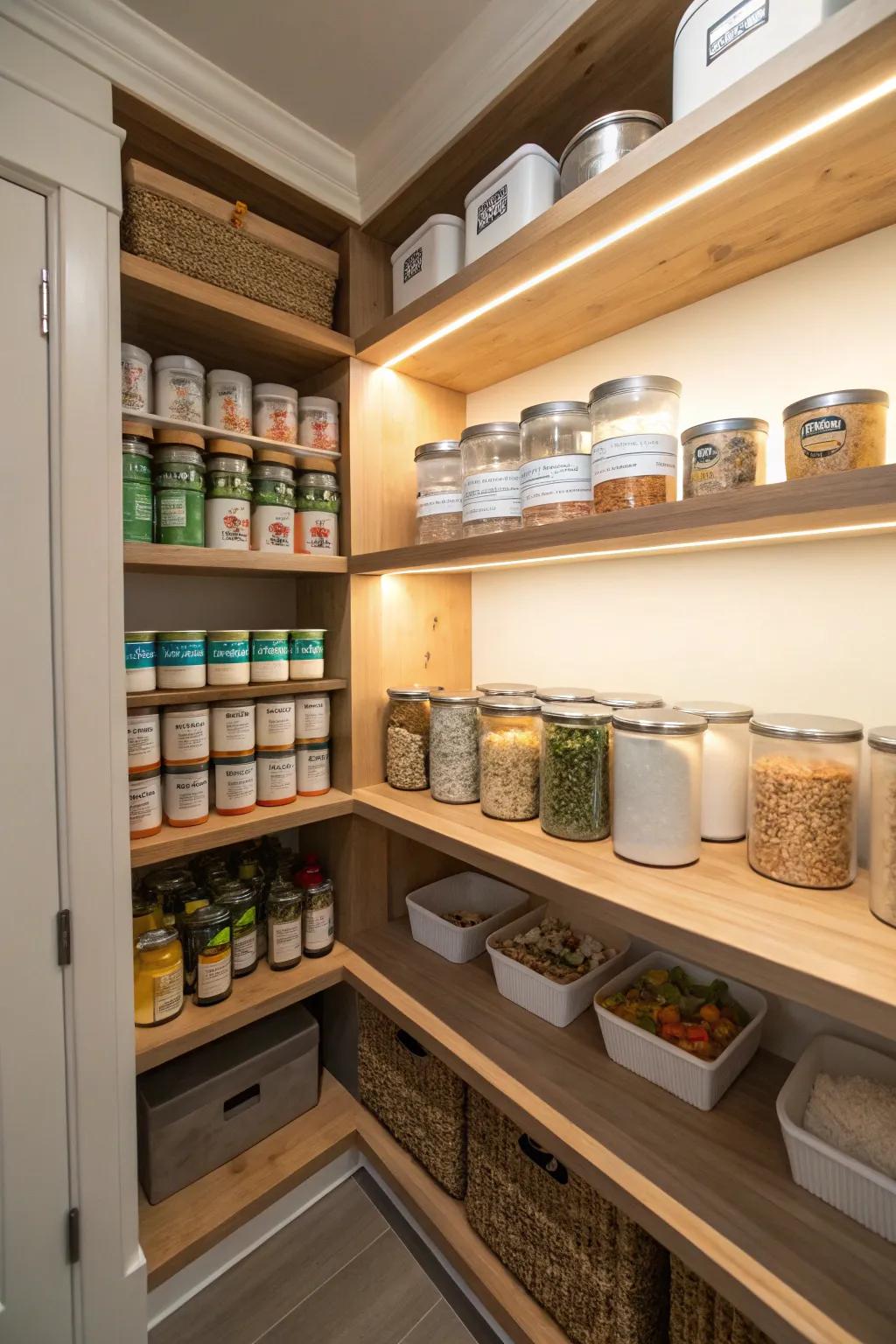 An angled corner pantry designed to maximize storage.
