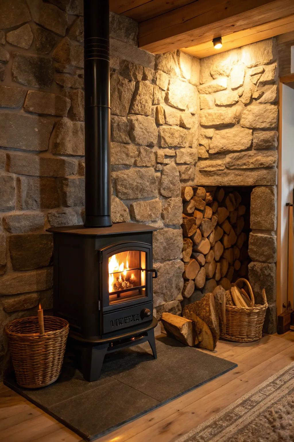 Original stones foster a countryside, snug environment near your firebox.