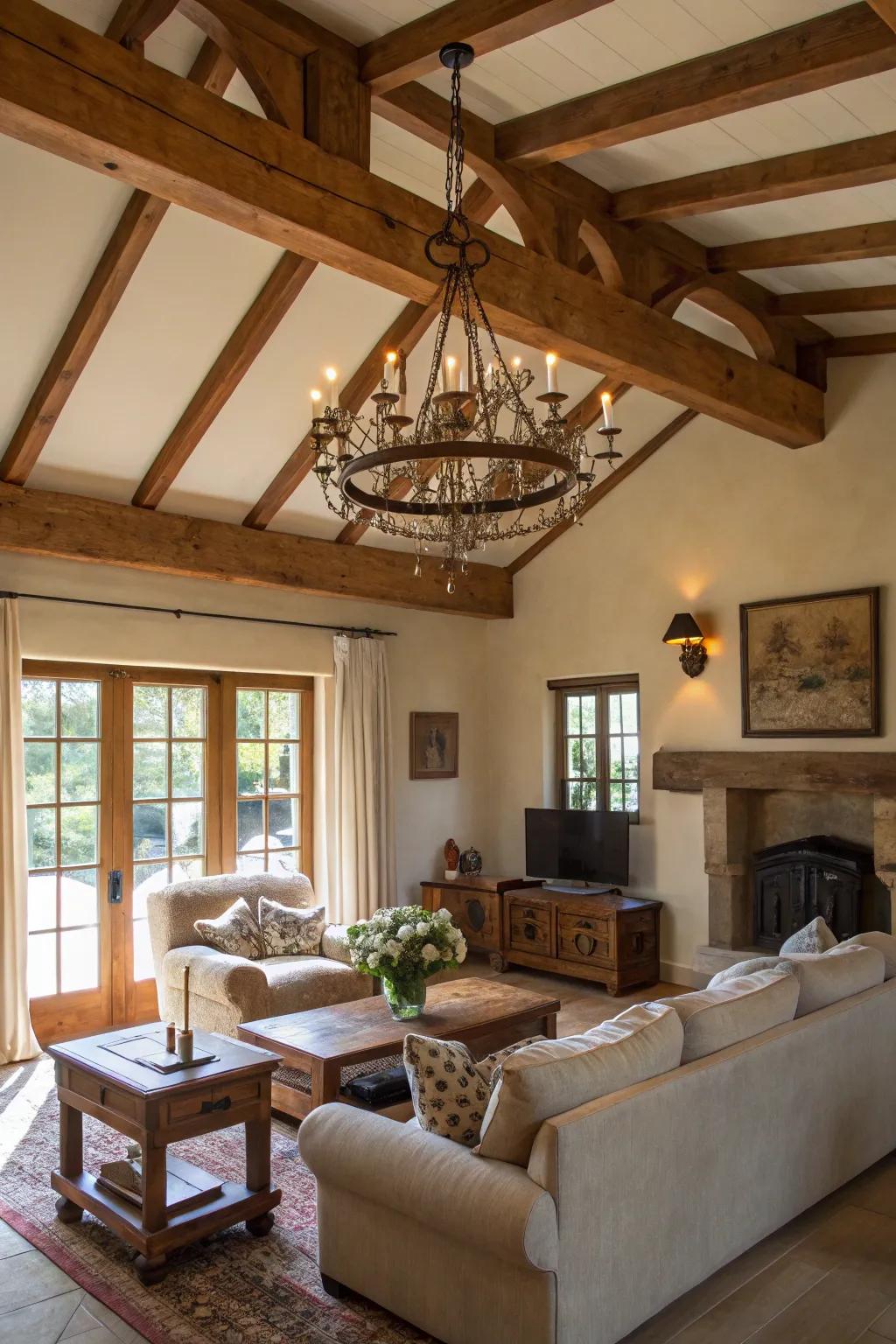 Exposed wooden beams bring rustic charm to the living room.