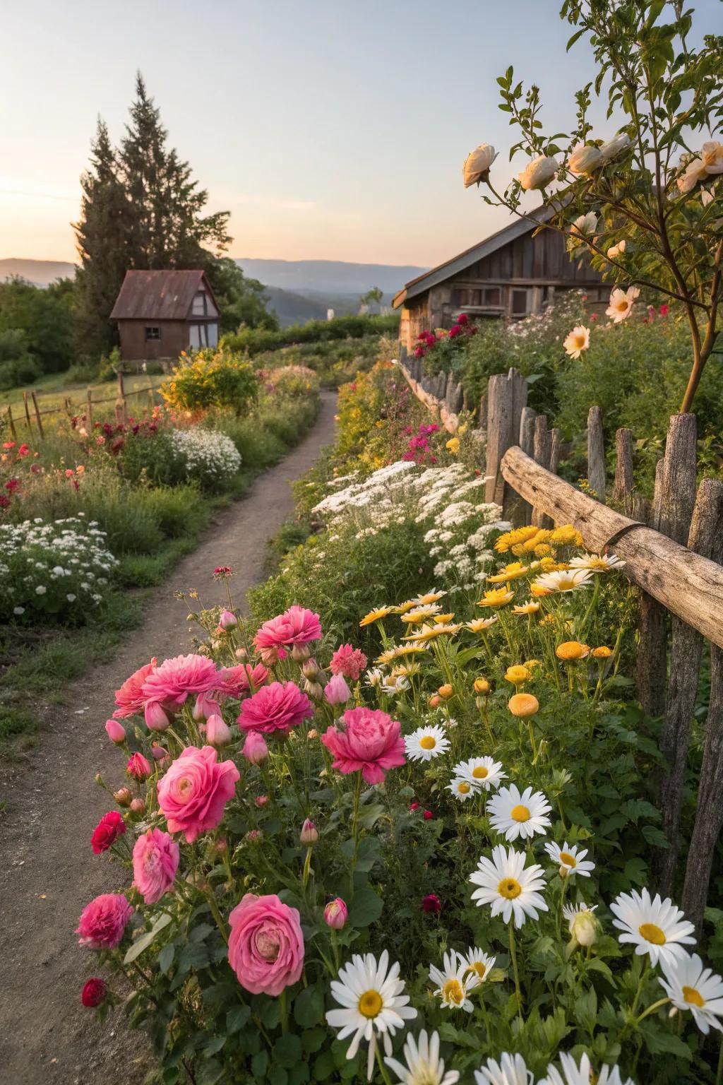 A lively mix of flowers crafts a colorful spectacle in a cottage garden.