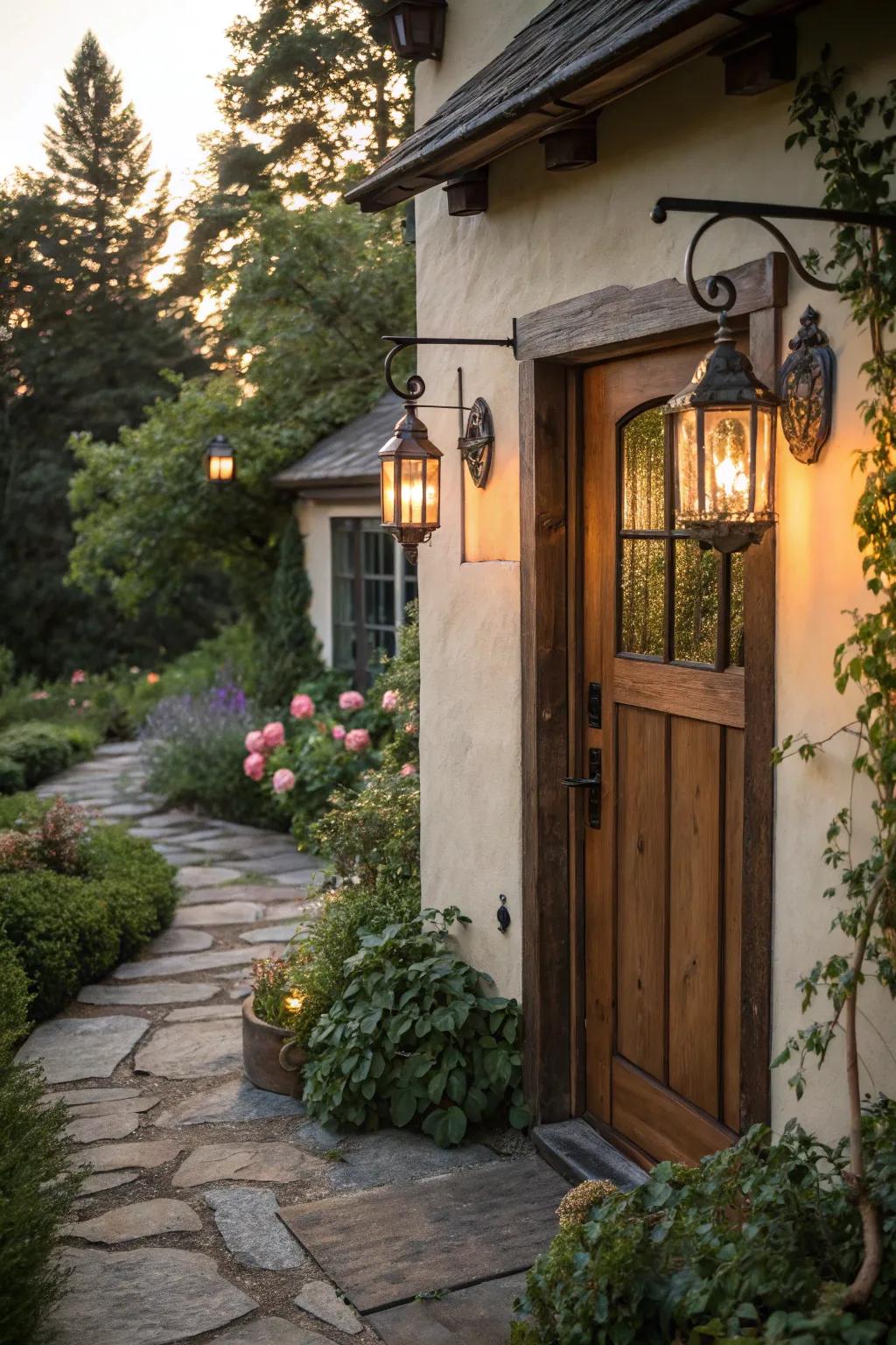 A welcoming cottage entrance featuring captivating beacons.