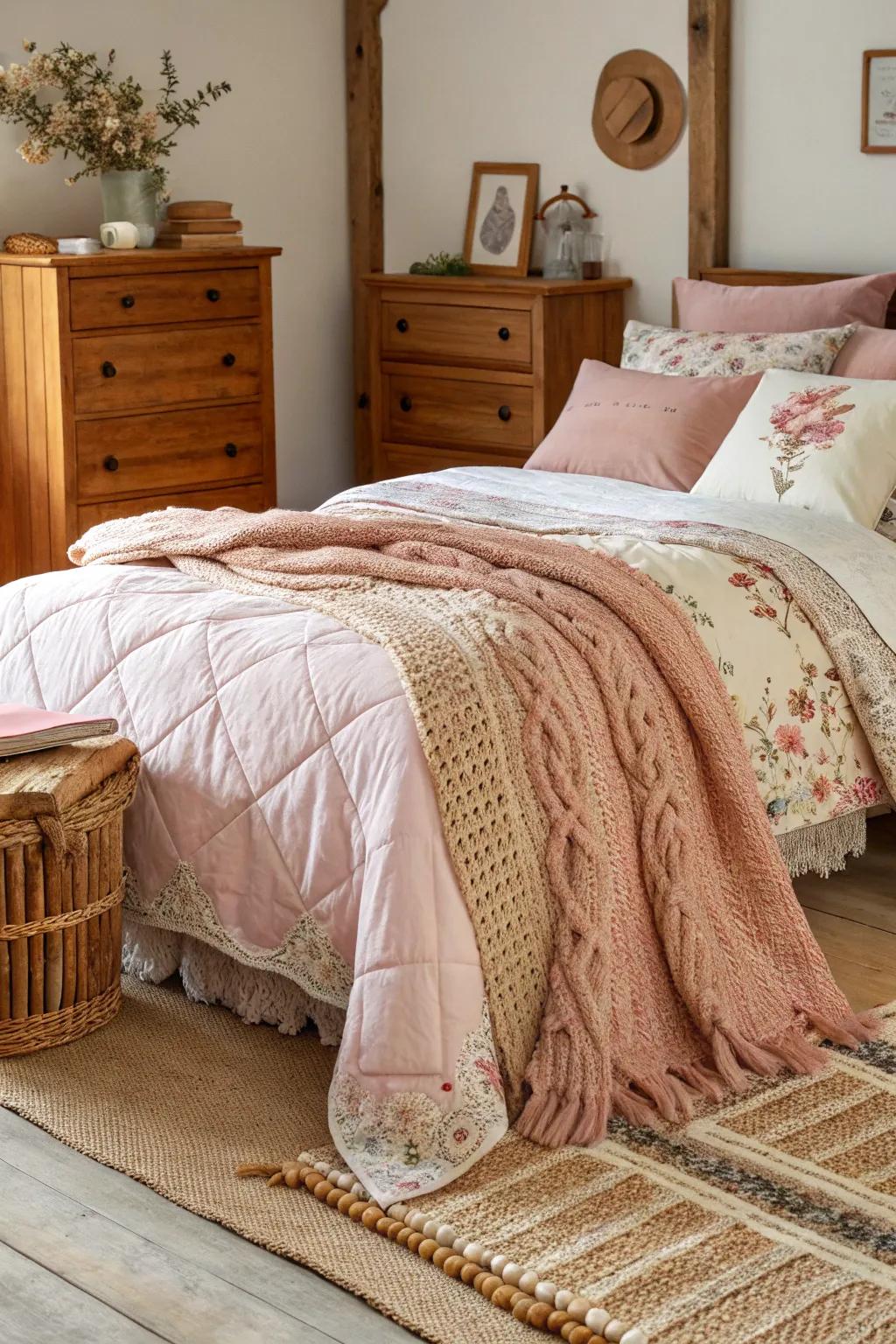 Layers of quilts and throws add texture and warmth to this bedroom.