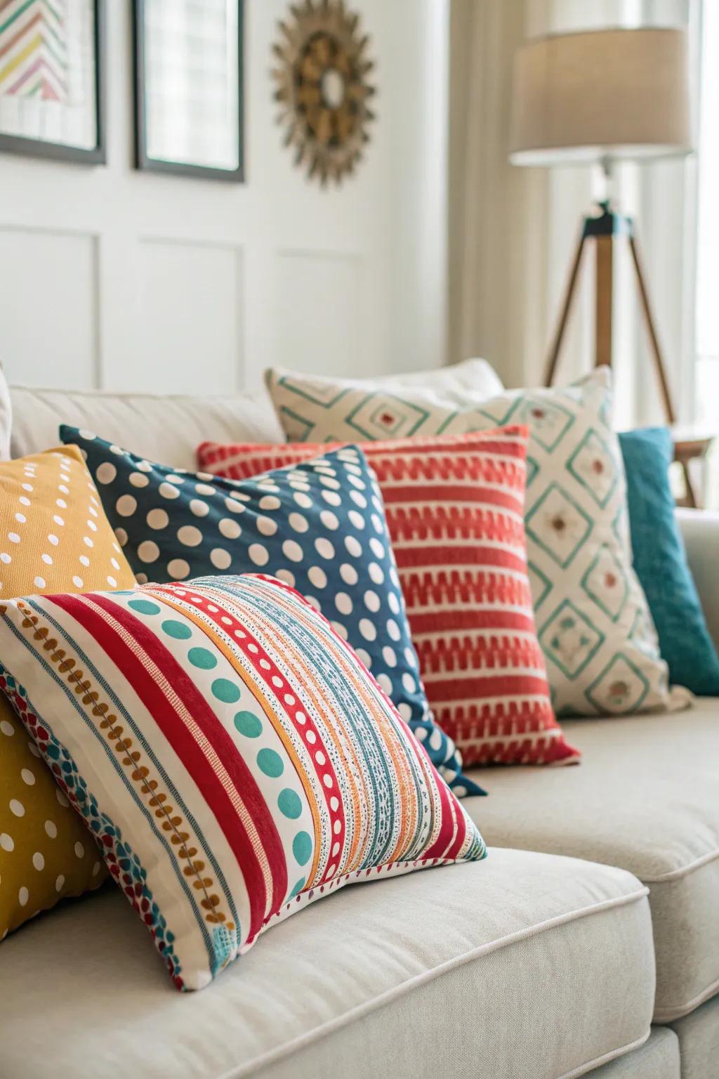 A lively mix of patterned cushions enhances the character of the sofa.