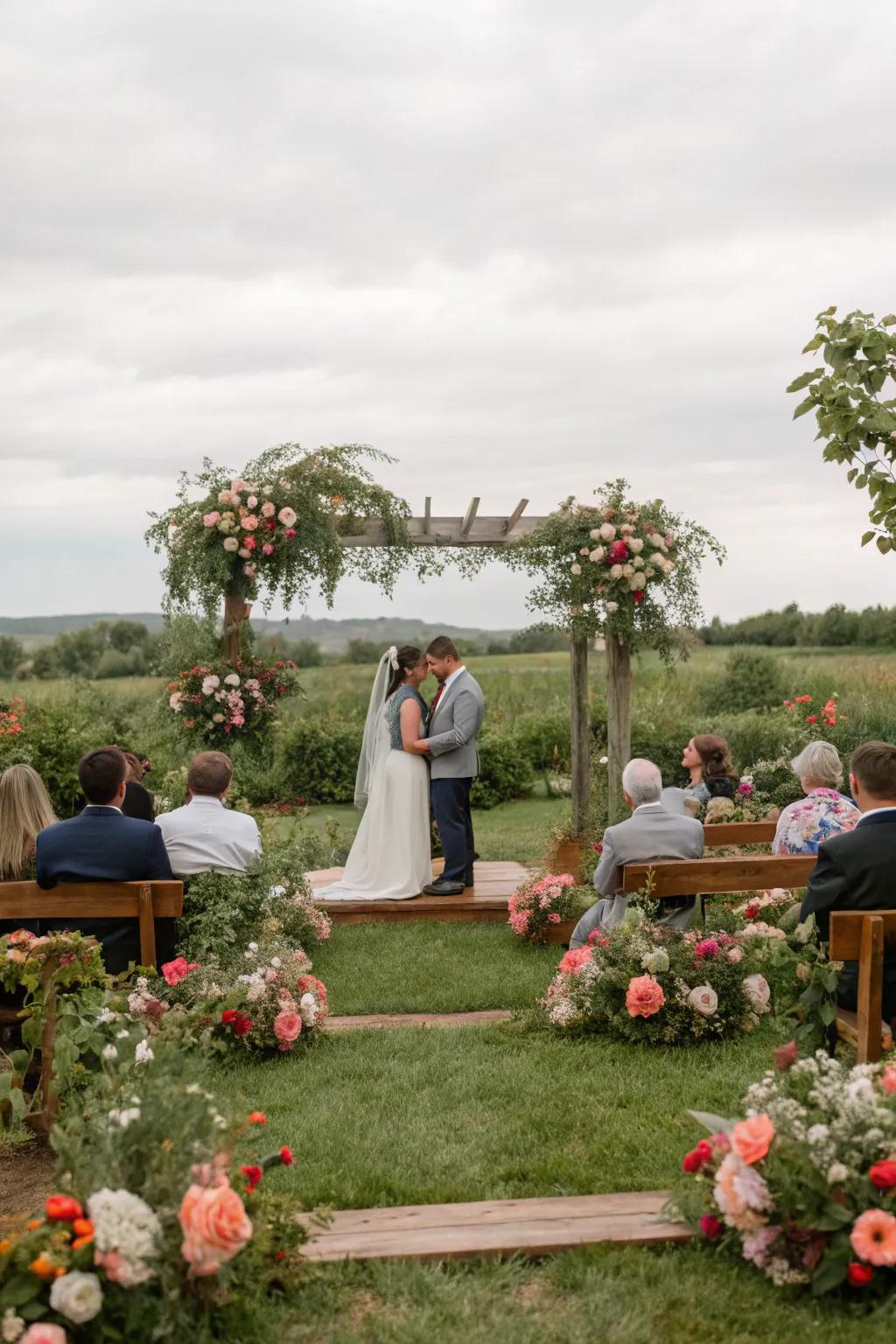 A charming countryside wedding ceremony surrounded by a vibrant garden.