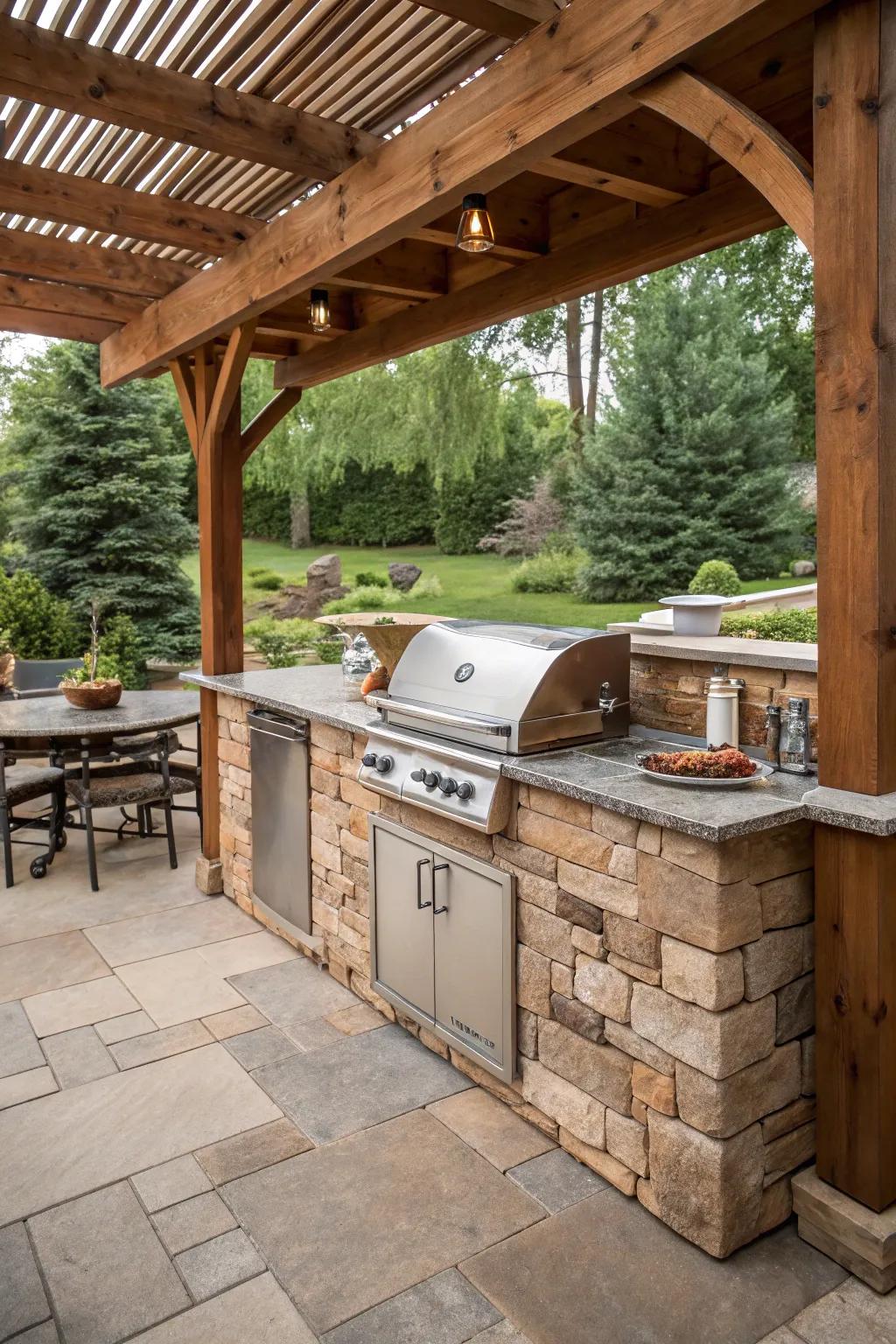 A pergola-covered kitchen with a built-in grill offers both style and functionality.