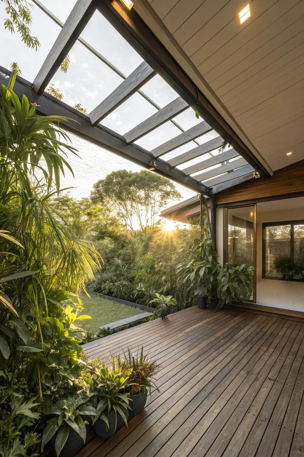 A timber canopy with skylights infuses your patio with sunshine and coziness.