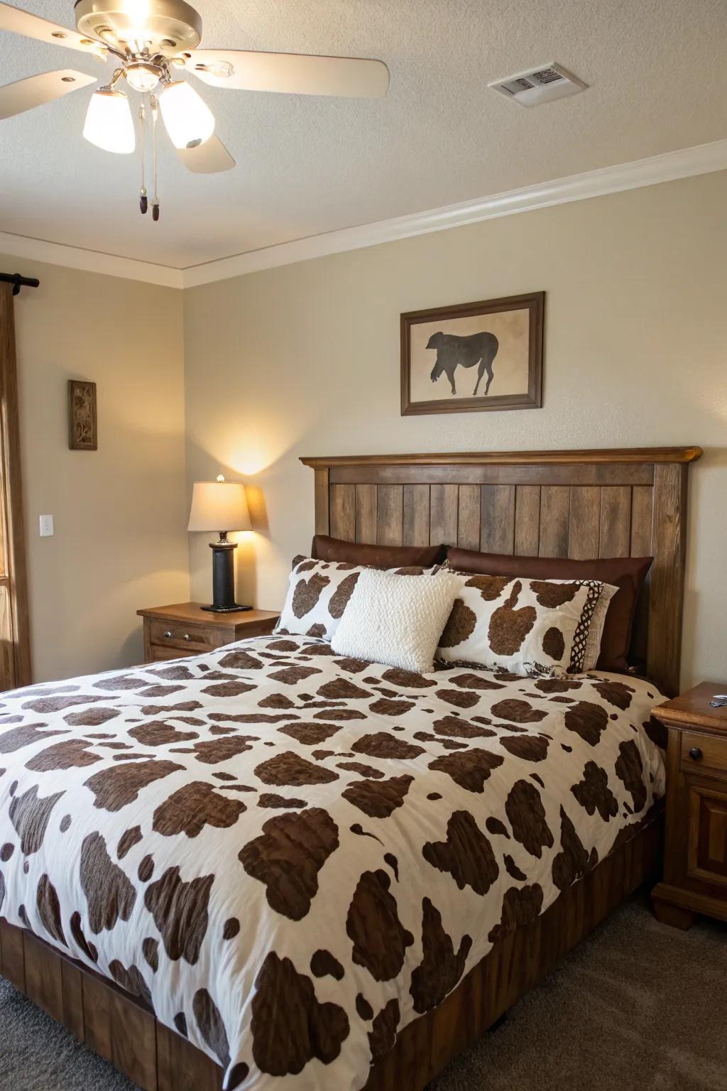 A spotted bovine duvet infuses a daring and inviting aspect to any bedroom.