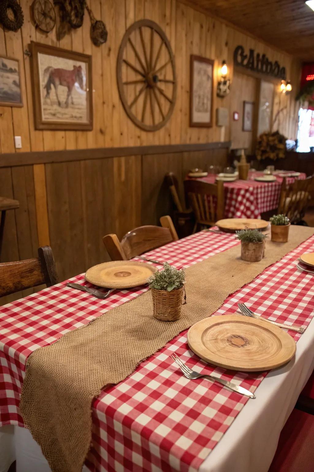 Craft the setting with a timeless red checkered tablecloth and burlap accents.