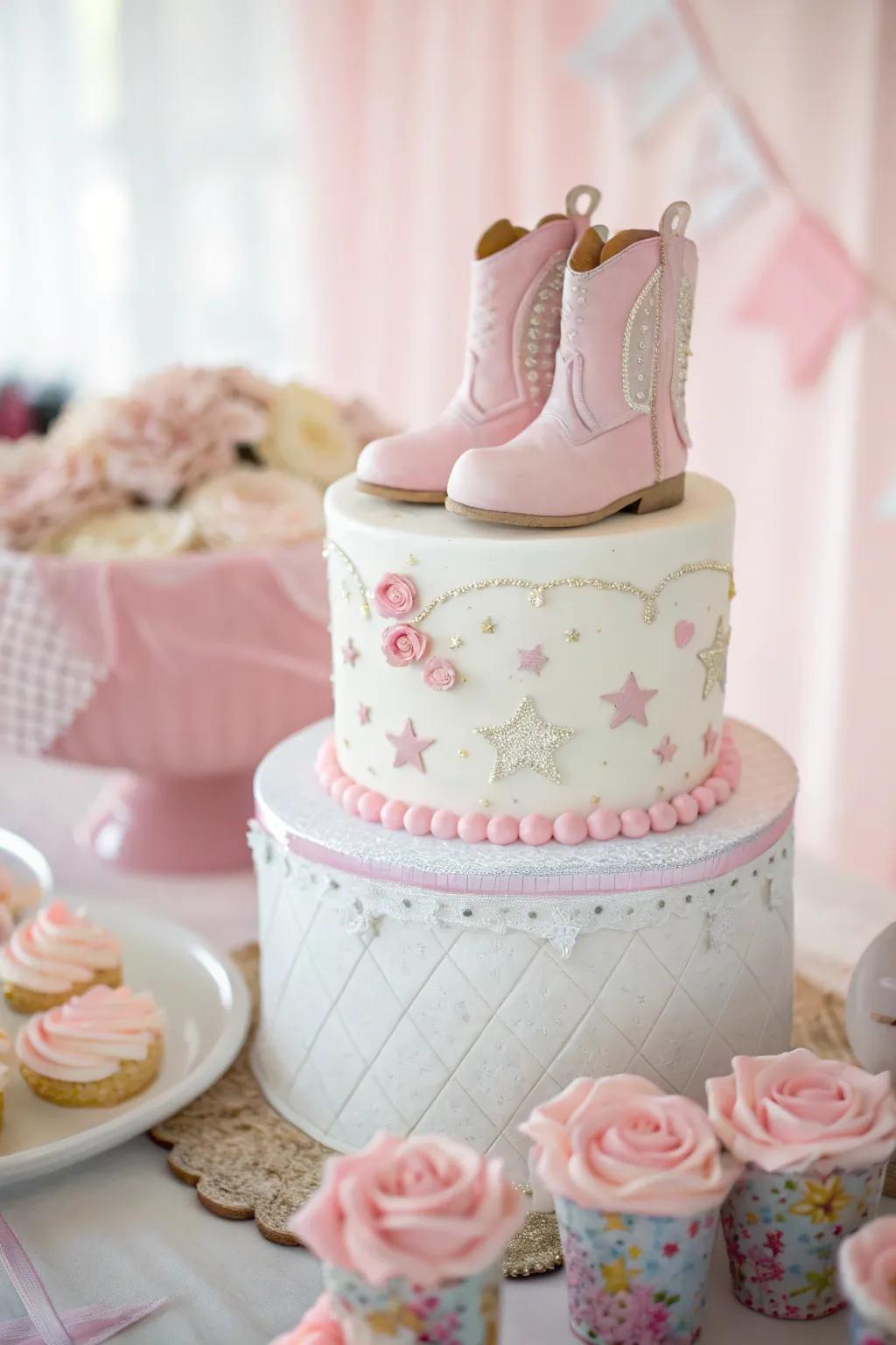 A delightful cake adorned with fondant cowboy boots, ideal for a Western-inspired baby shower.