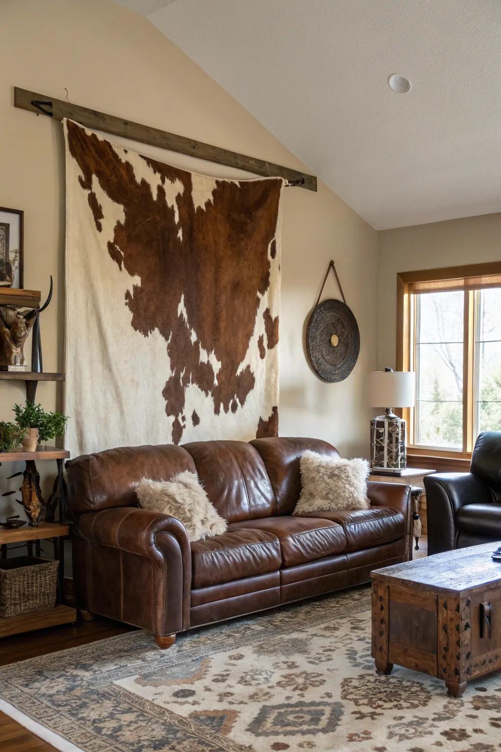 A bold cowhide wall hanging as the focal point in a stylish living room.