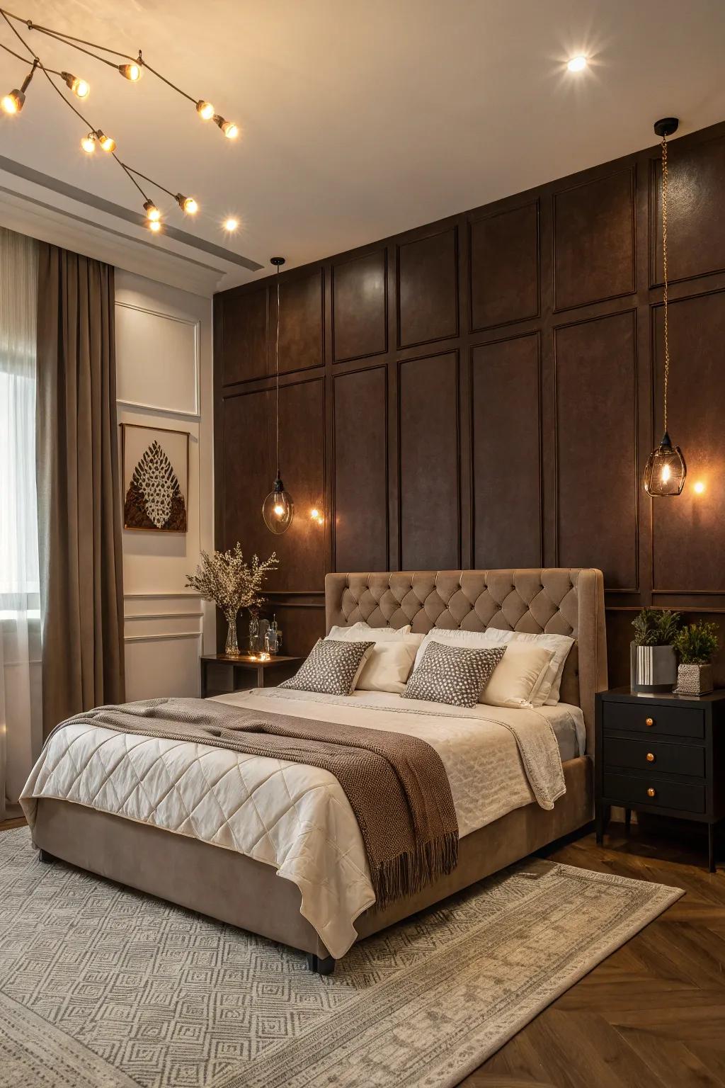 A bedroom showcased a captivating mocha accent wall, beautifully balanced with light-toned decor.