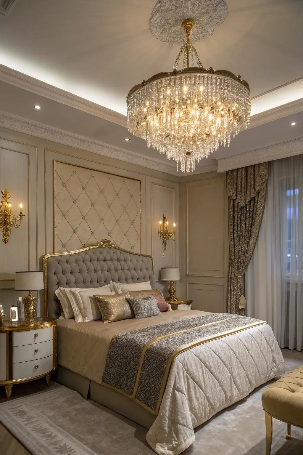A dazzling light fixture brings an element of sophistication and charm to any bedroom.