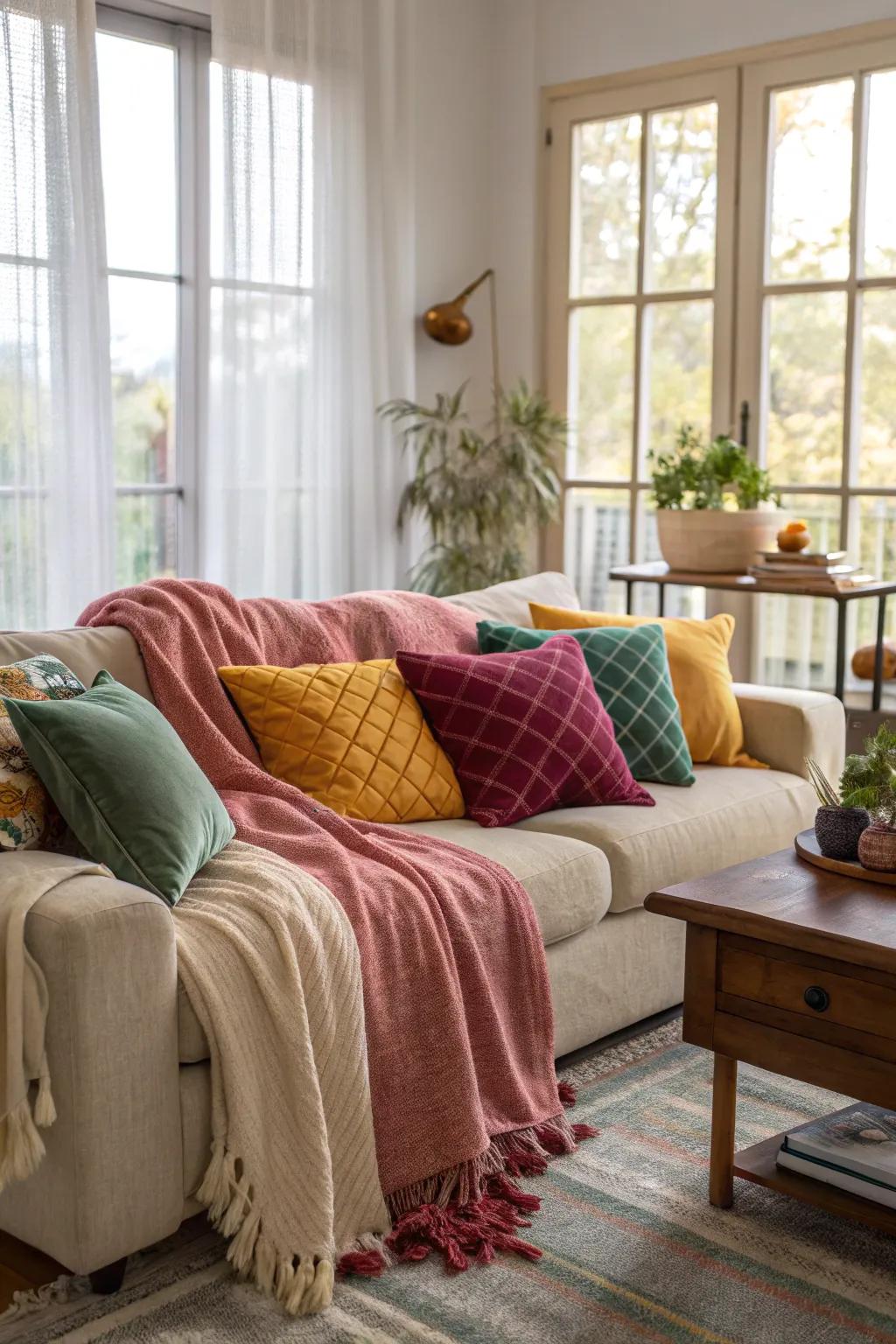 Stack up soft cushions and throws to design a welcoming, soft zone.