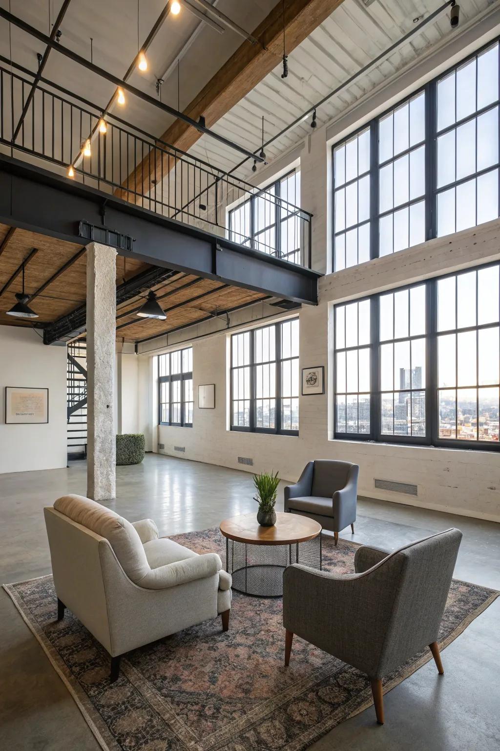 An open loft design balances spaciousness with clearly defined cozy areas.