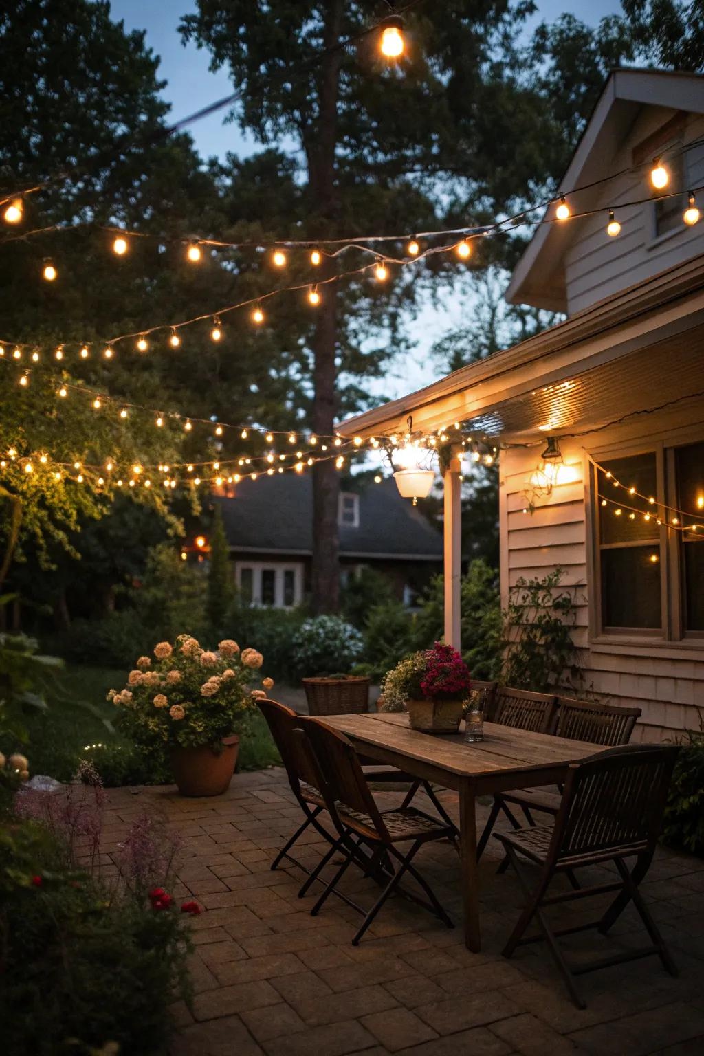 Twinkle lights create an enchanting radiance on any patio.
