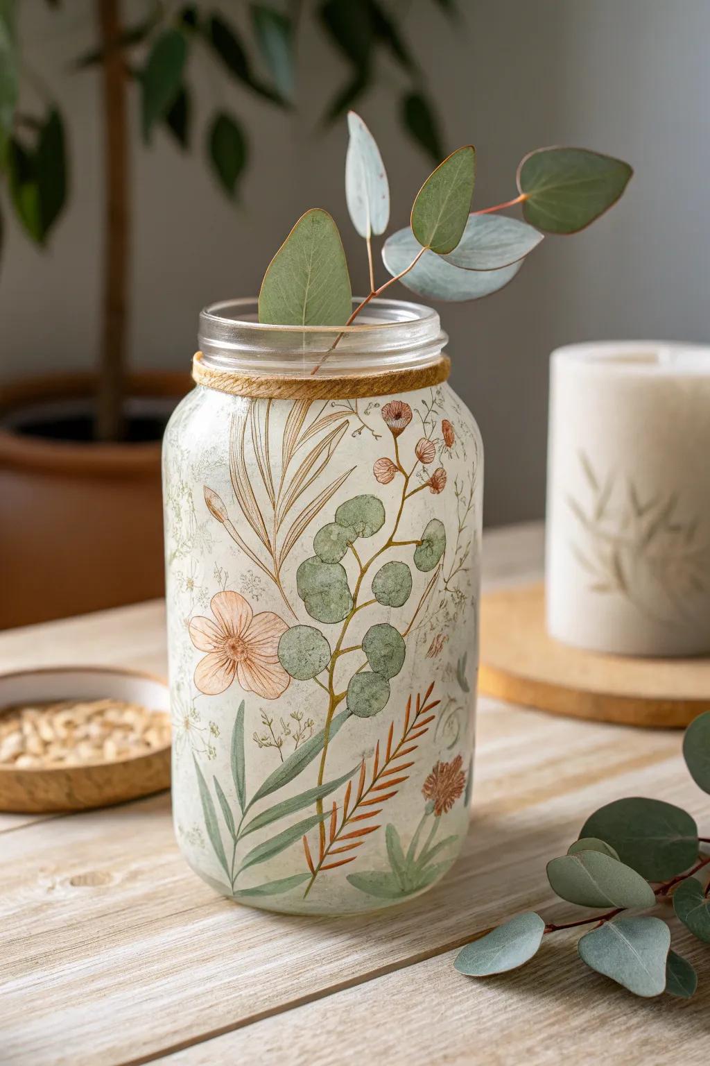 Use nature-inspired motifs to turn ordinary glassware into artistic d&eacute;cor. 🌿✨ #CraftsForAdults #ScandiBoho #DIYDecor