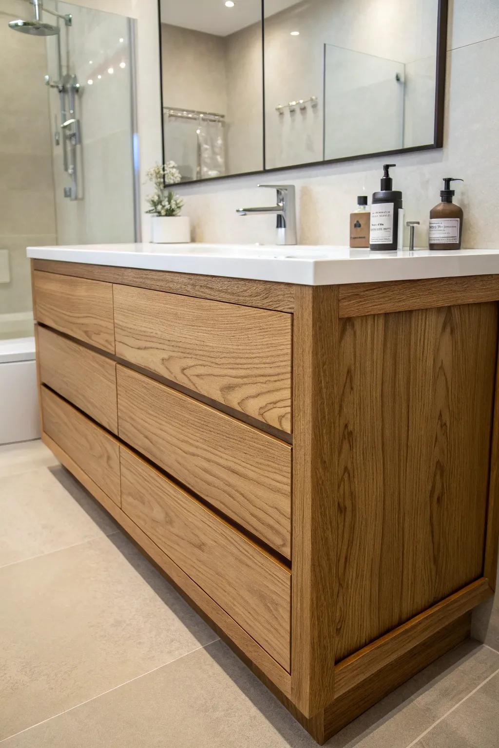 A craftsman bathroom dressing table showcasing rich oak wood hues.
