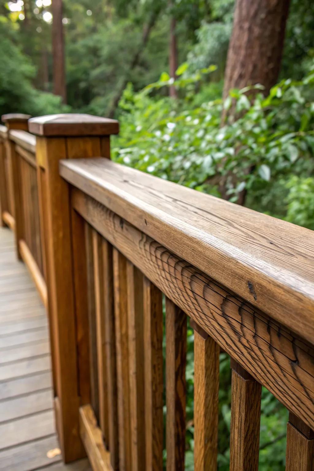 Detailed view of a Craftsman-style warm wooden railing.