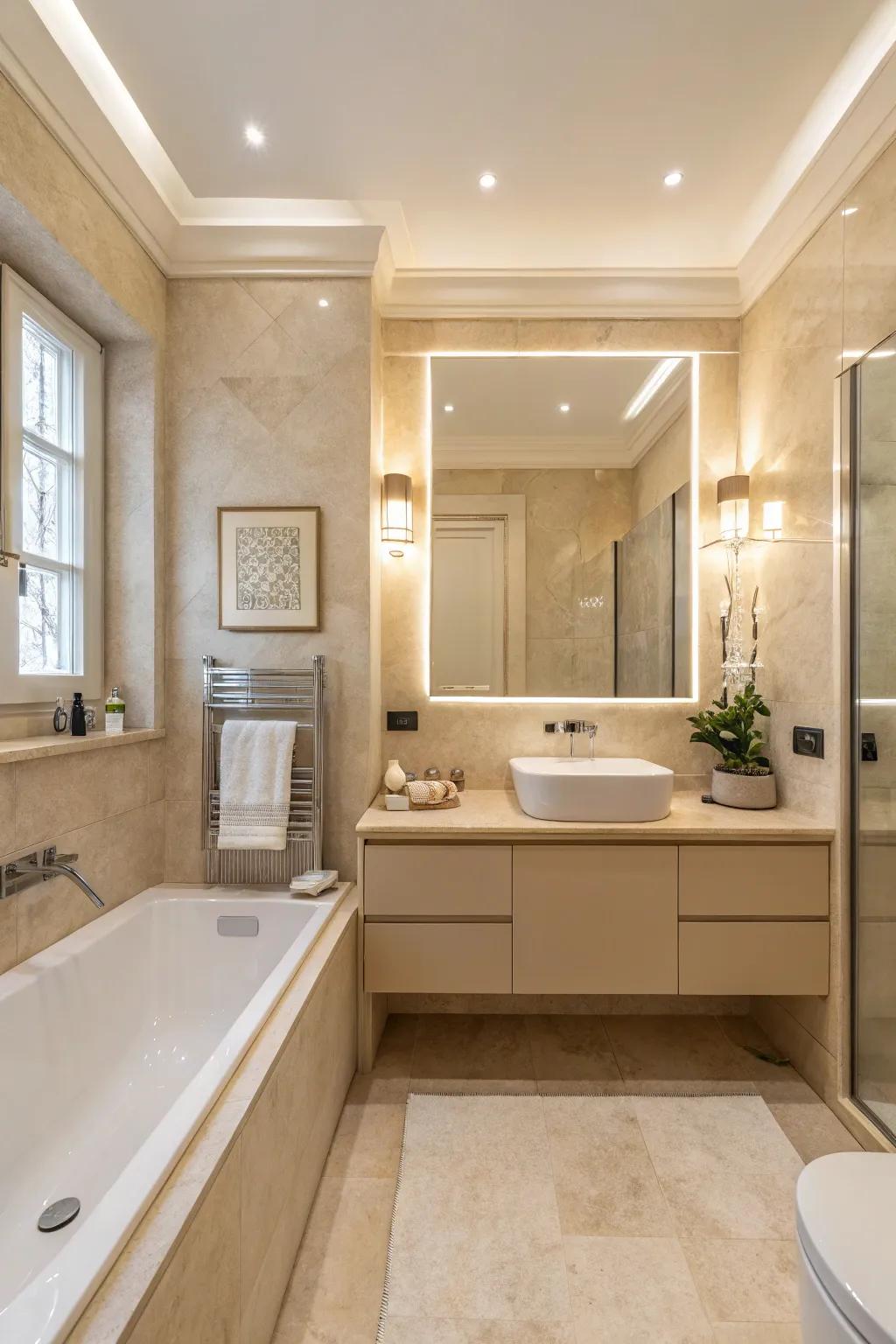 A harmonious blend of cream and beige tones creates a soothing bathroom retreat.