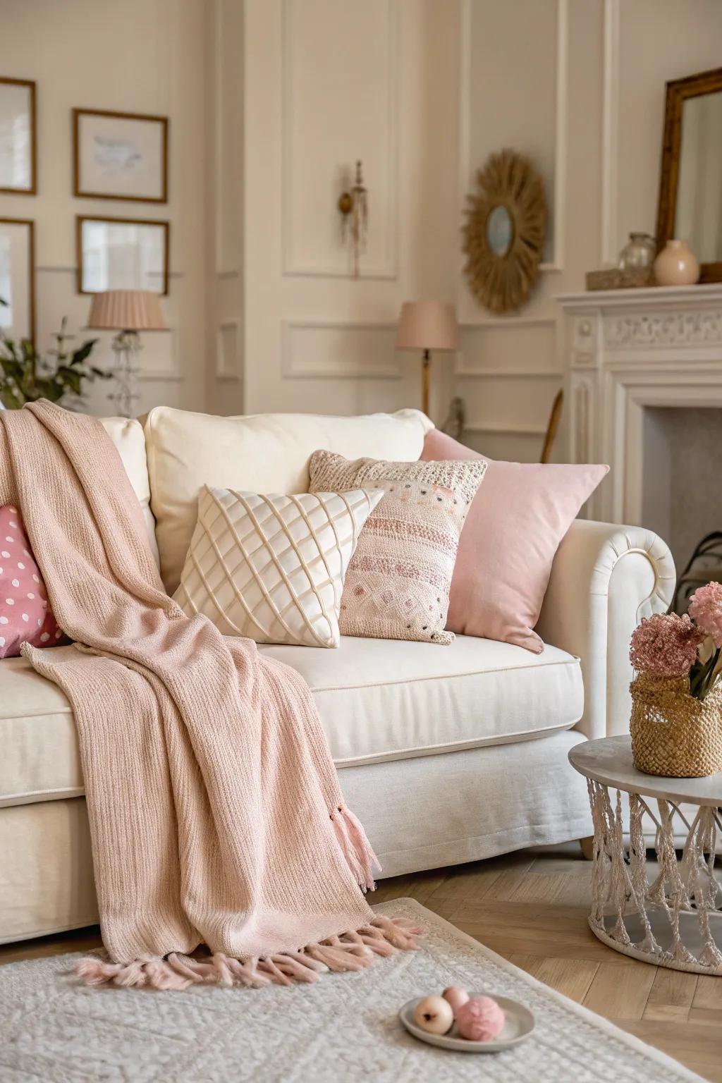 An even-tempered scheme enhances the elegance of a vanilla settee, fashioning a tranquil escape.