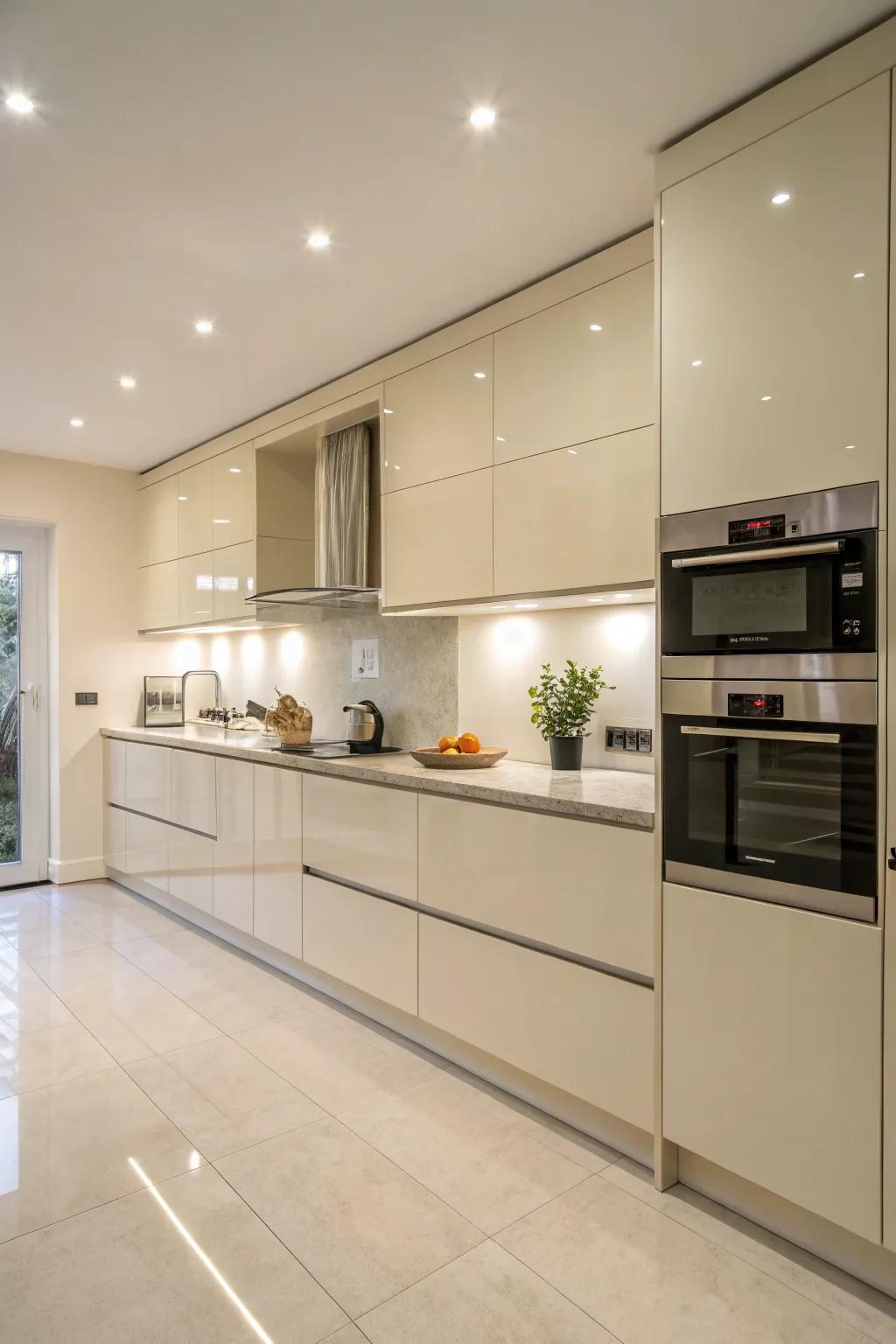 Sleek, simple cabinets in a cream gloss finish, delivering a seamless, contemporary feel.