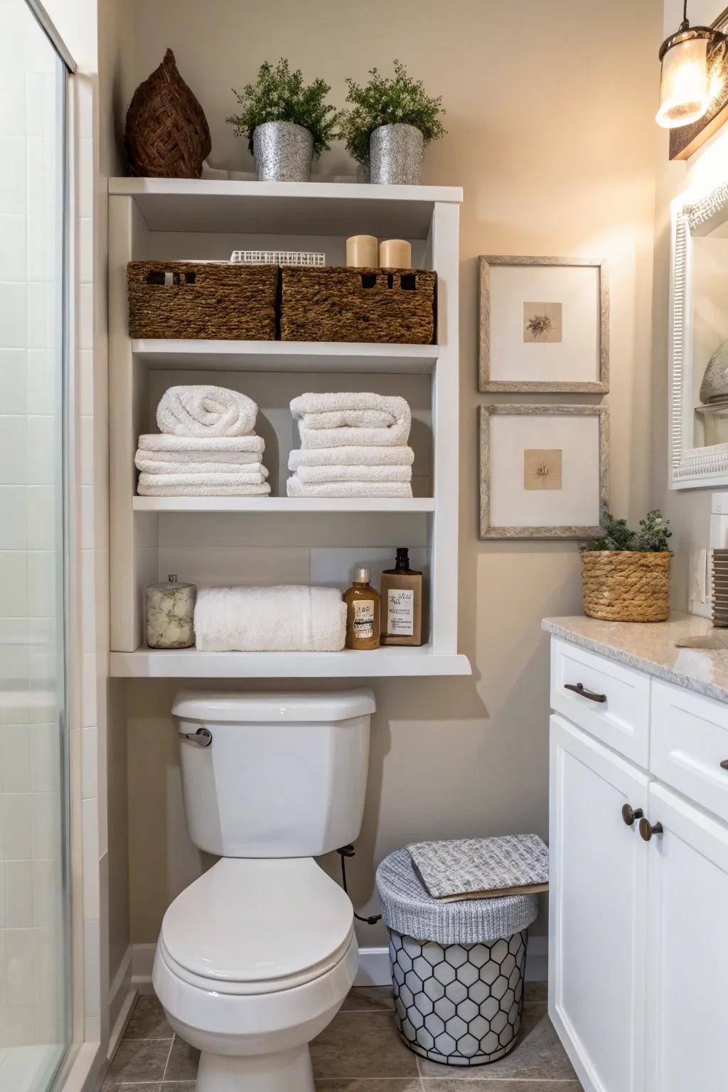 Floating shelves over the toilet offer a seamless blend of storage and aesthetics.