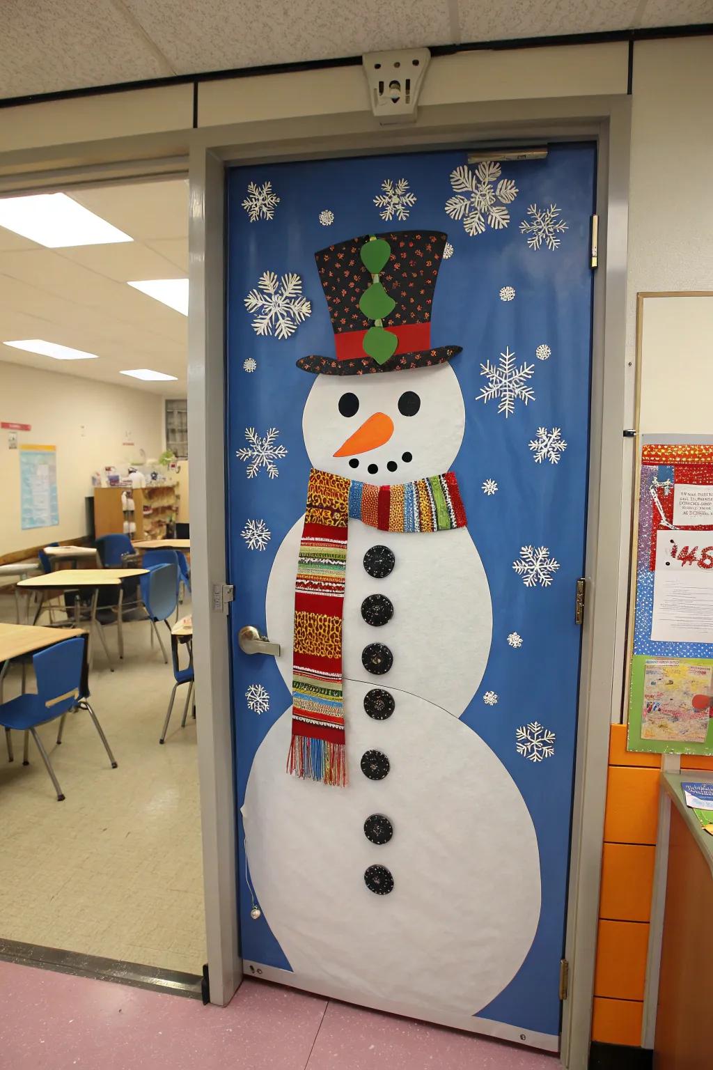 A classroom door transformed into a cheerful snowman, complete with a vibrant scarf.