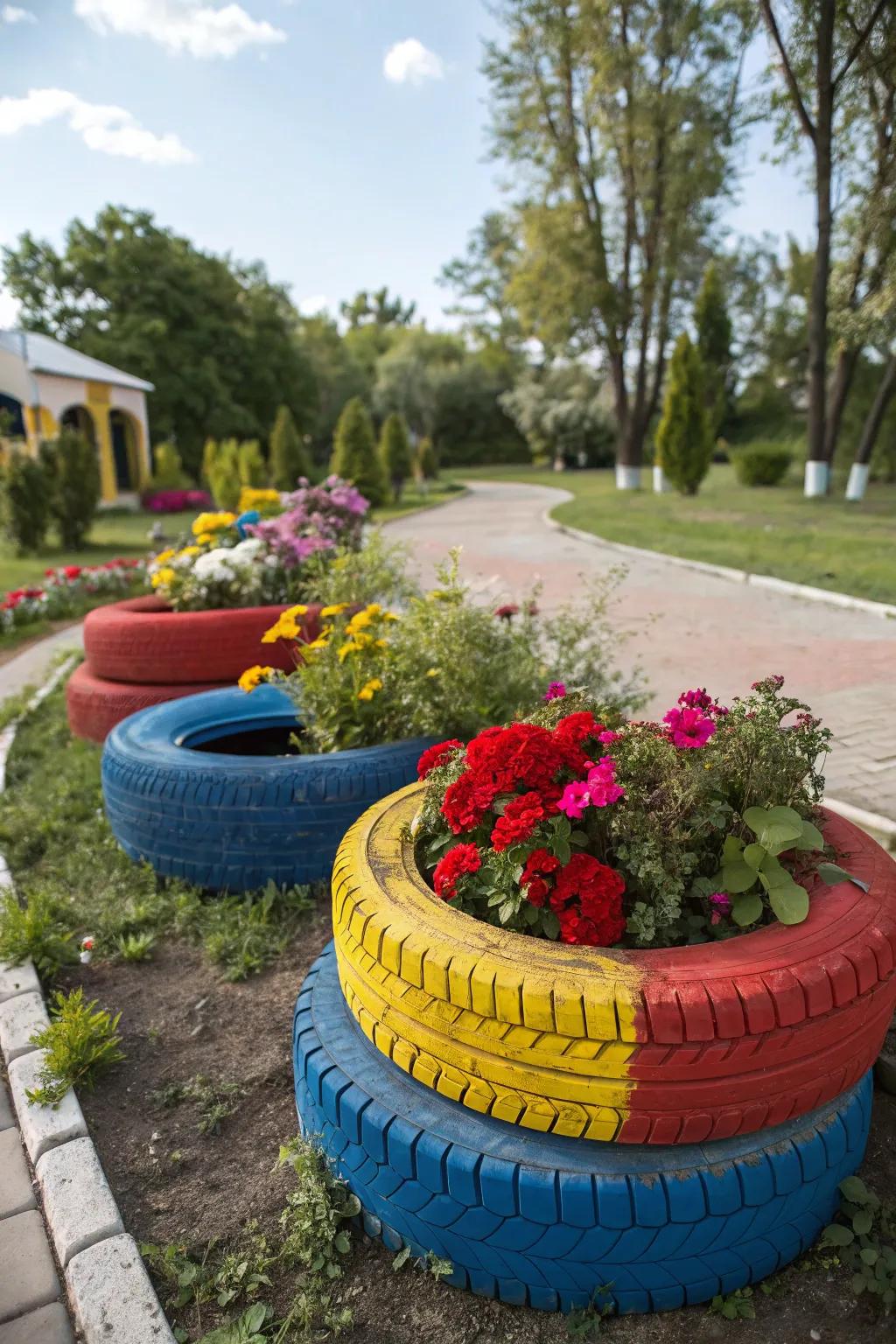 Brightly repainted tire beds adding a vibrant splash to the garden.