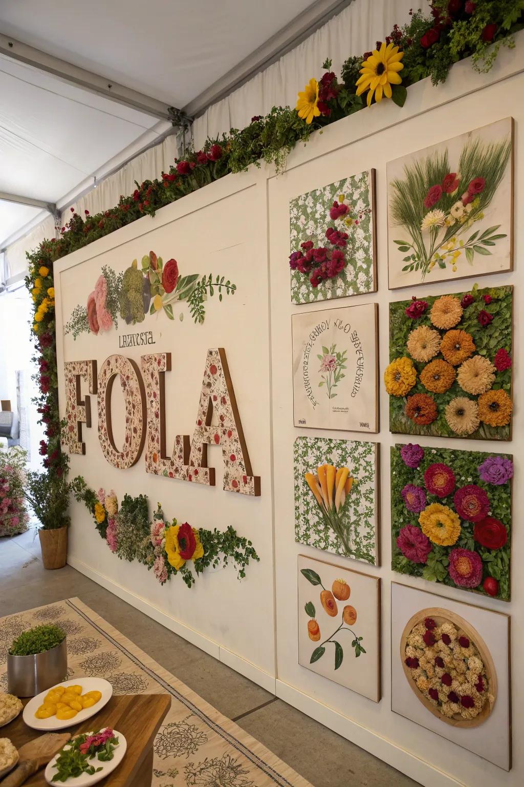 An inventive word wall showcasing themed displays of floral and food designs