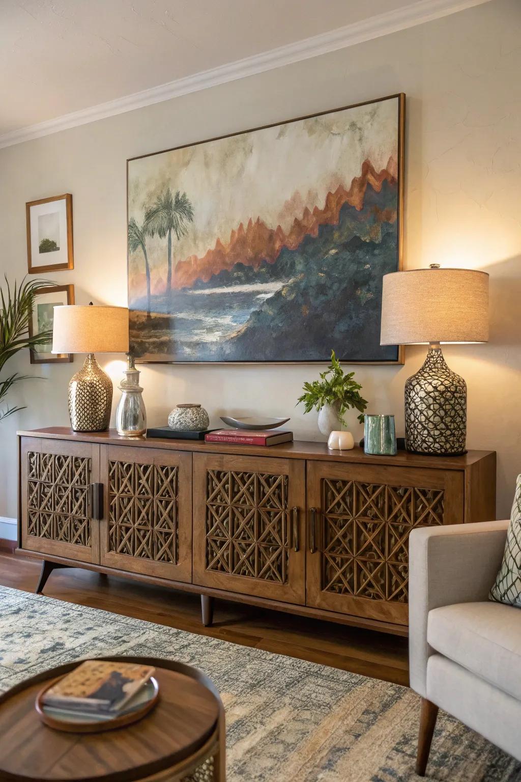 A credenza highlighted by a statement abstract painting.