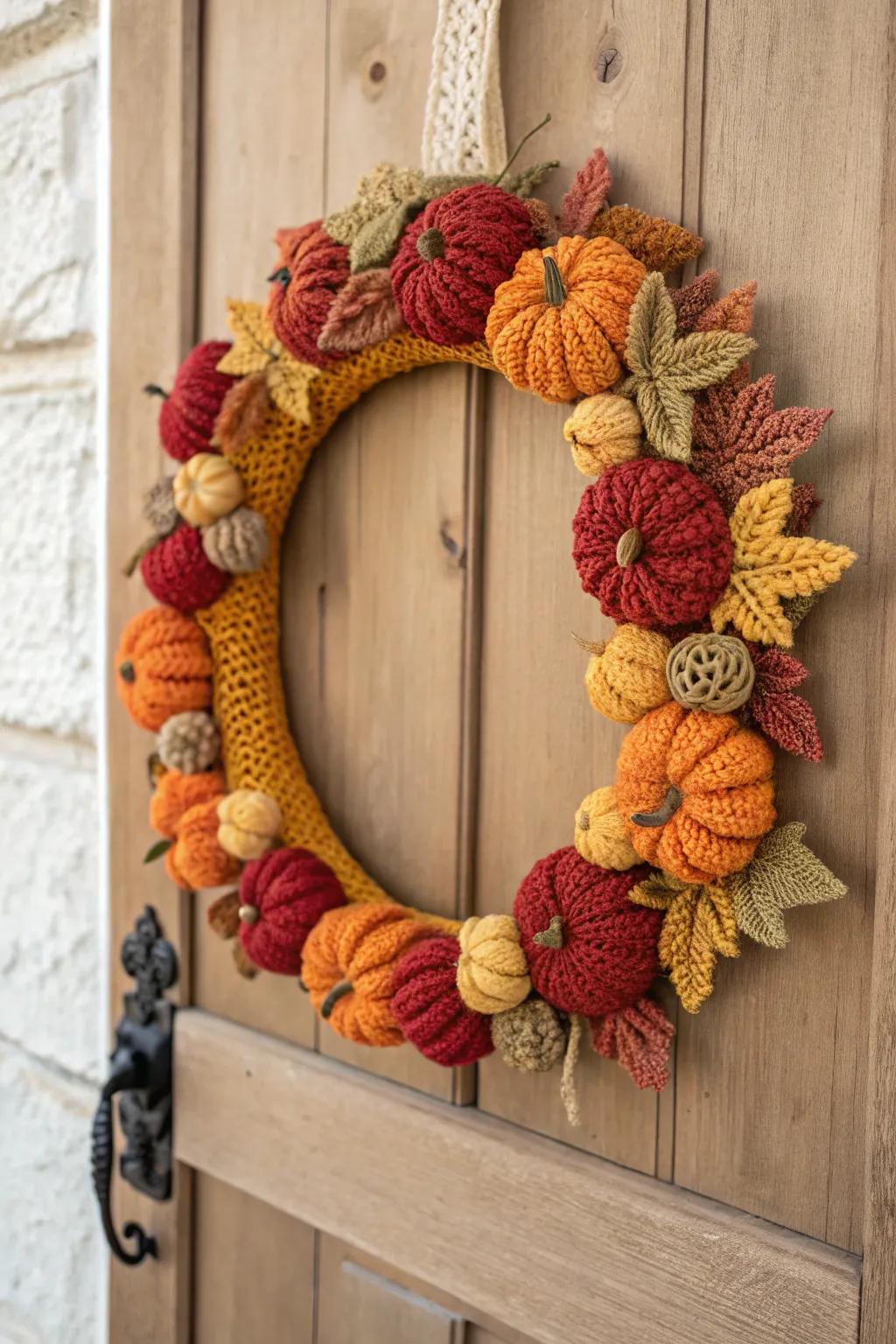 Savor the cozy allure of autumn with this handmade crochet wreath, ideal for bringing a seasonal touch to your home.