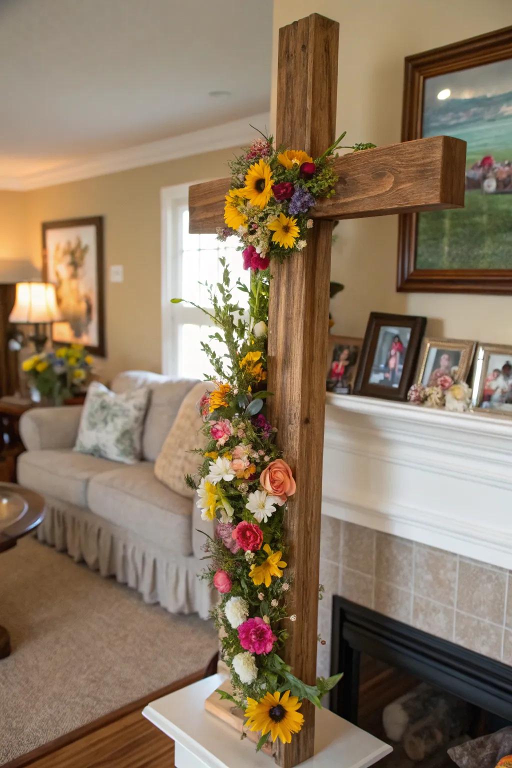A wooden cross exquisitely decorated with fresh spring flowers
