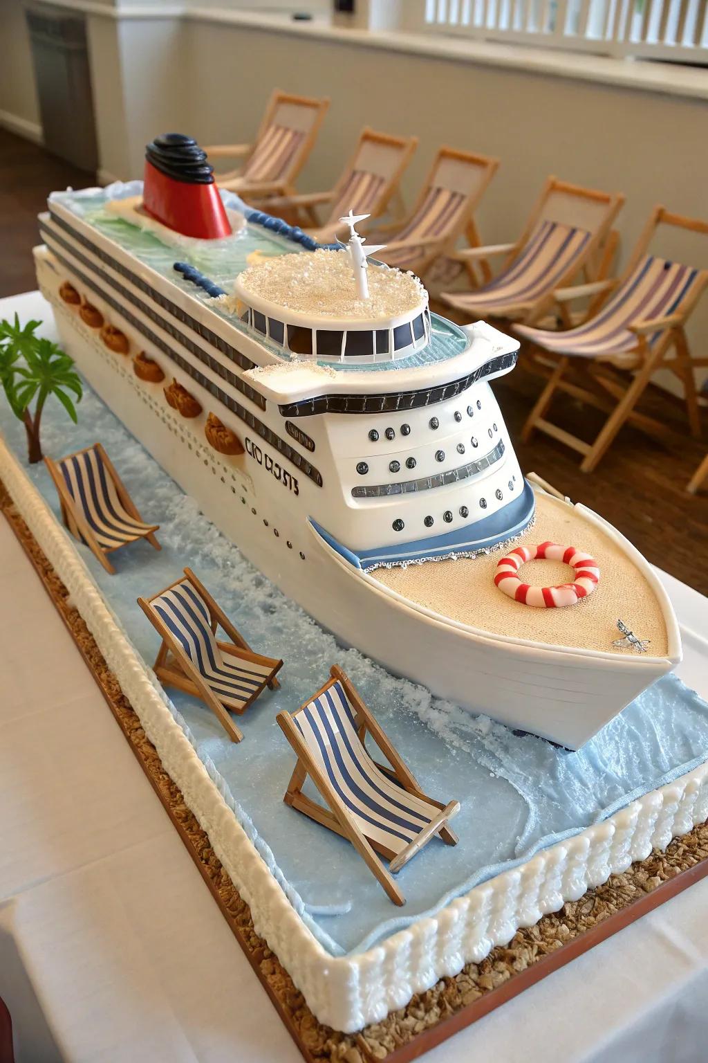 An impressive 3D cruise ship cake is the focal point of any gathering.