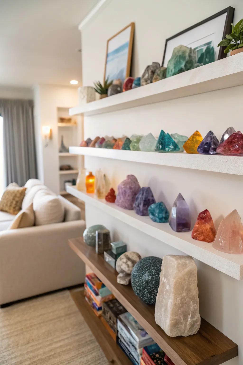 Sleek shelves showcasing crystals arranged by color for a soothing display.