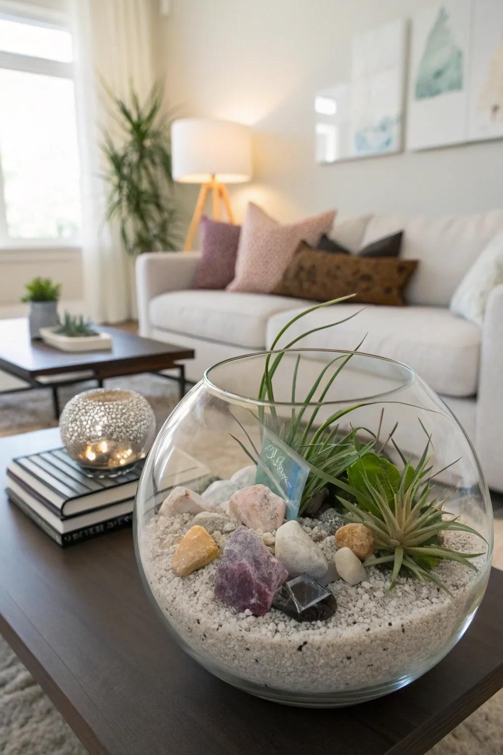 Behold, a glass terrarium, a miniature stage for crystals and air plants, elegantly displayed on a coffee table.