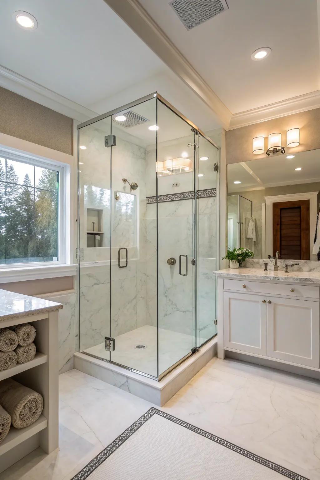 Glass doors amplify the streamlined aesthetic of cultured marble showers.