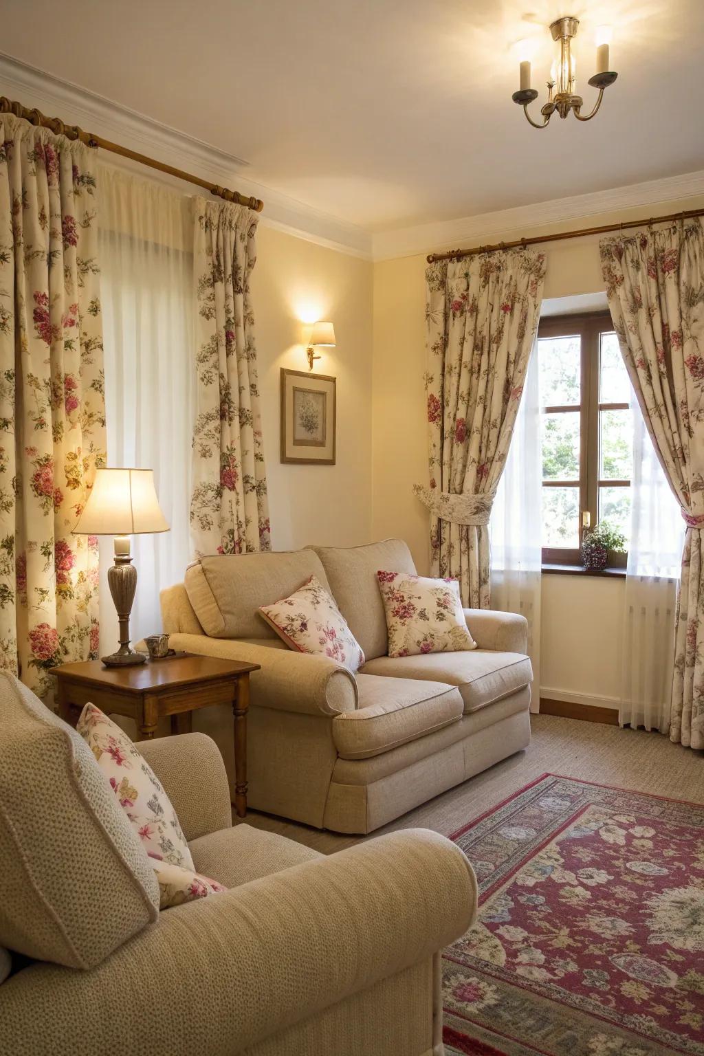 Curtains with blossom patterns give neutral rooms a lively feel.