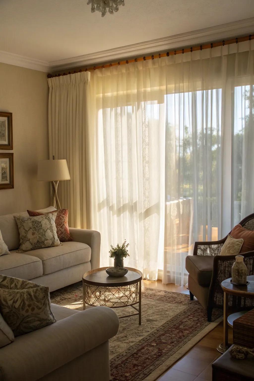 Layered curtains provide a harmonious balance of design and utility.