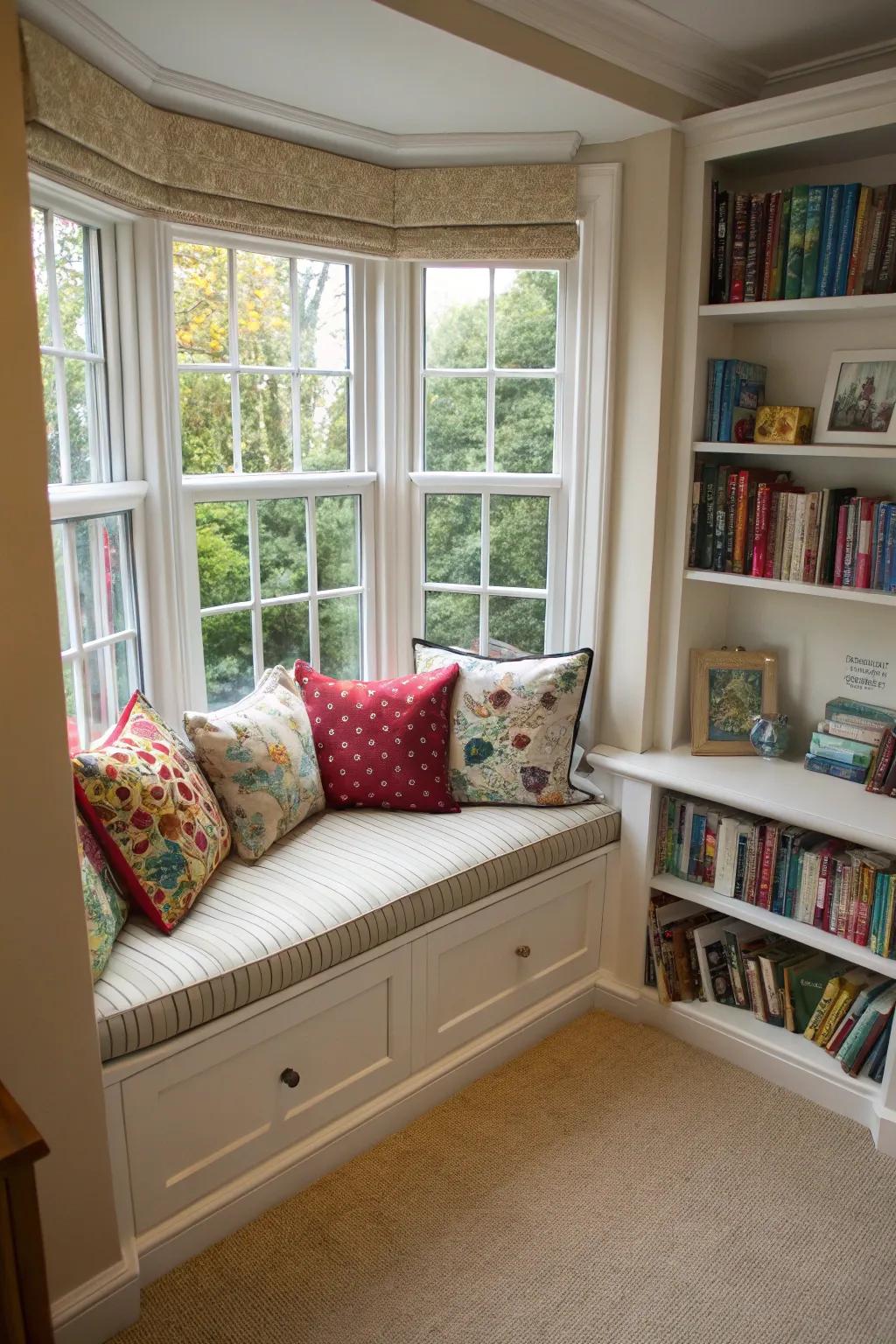 An attractive reading area positioned in a curved bay window.