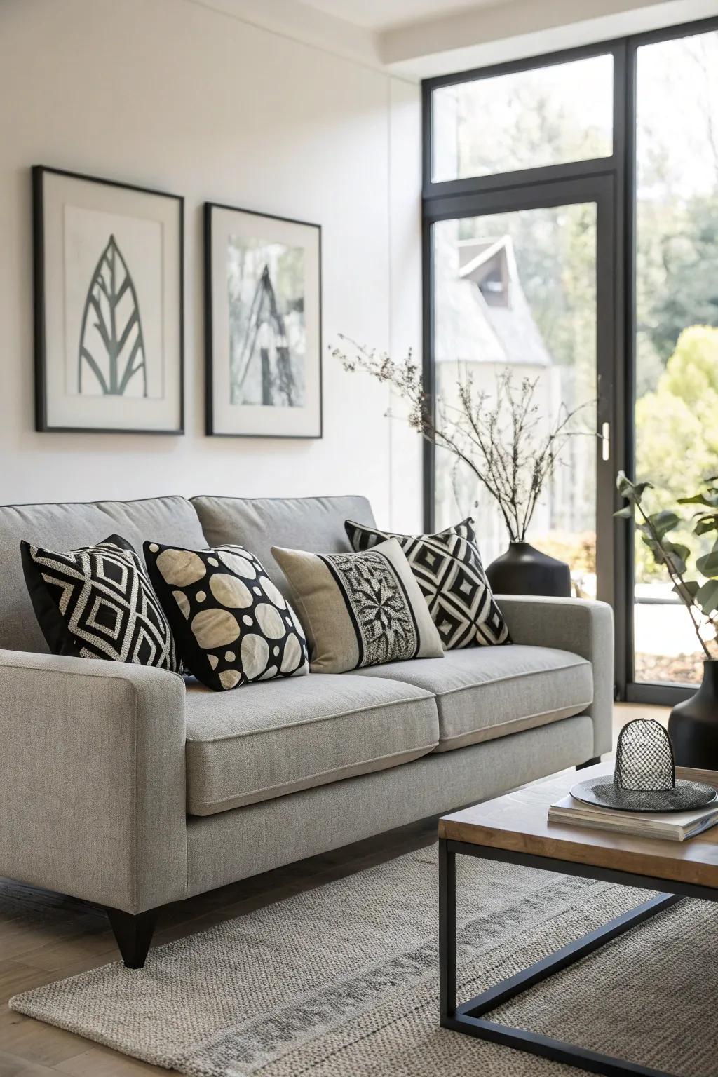 Graphite and chalk cushions contribute a timeless sophistication to a charcoal couch.