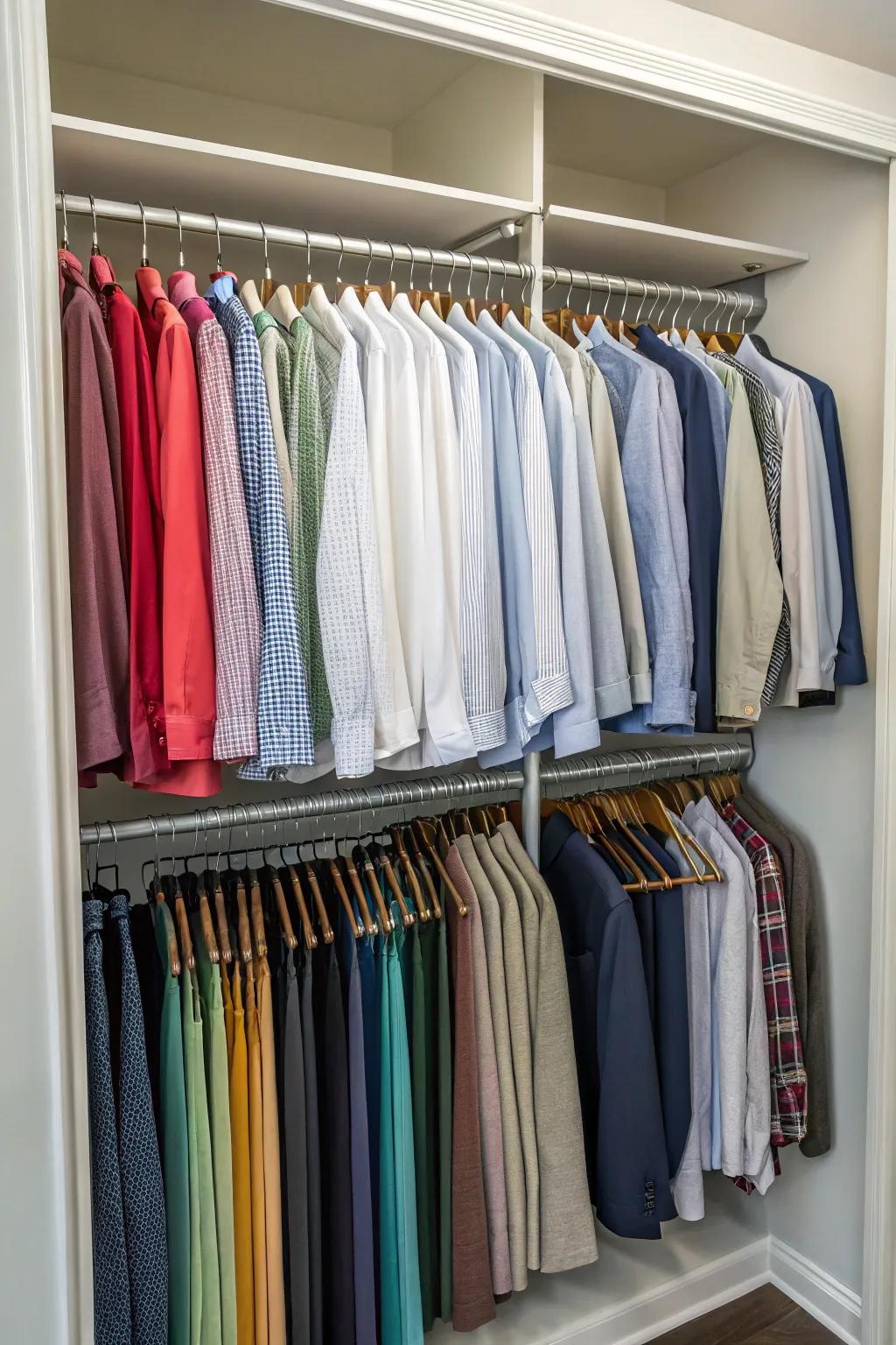 Efficient utilization of space achieved with dual-level hanging systems.